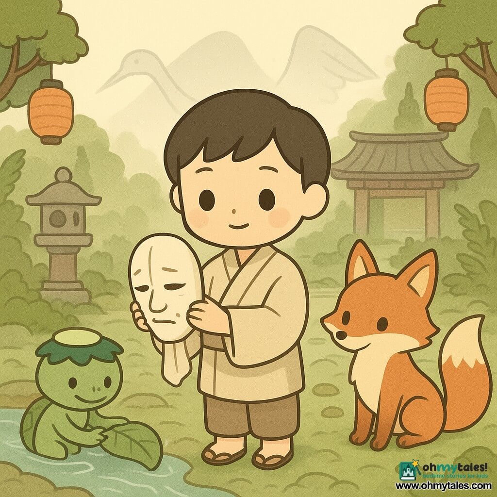 A young man, Kenji, with a round face and large eyes and a humble, serene expression stands center holding delicately an old off-white wooden mask wrapped in pale cloth; behind him to the right sits a red kitsune with mischievous eyes and a fluffy white-tipped tail as a guide, while to the left at the edge of a shallow stream a small green kappa with a gleaming water-dish on its head stirs a leaf and watches him; a mountain kami appears as soft silver mist shaped like an ethereal crane behind a stone temple and the river kami as translucent blue ribbons of water before a red arched bridge in an ancient mossy Japanese temple courtyard with orange paper lanterns, ferns and tall cedars; Kenji offers the mask between the mountain mist and river ribbons in a luminous, peaceful moment with soft colors (cream, deep red, moss green, pale blue), symmetrical composition and warm twilight light.
