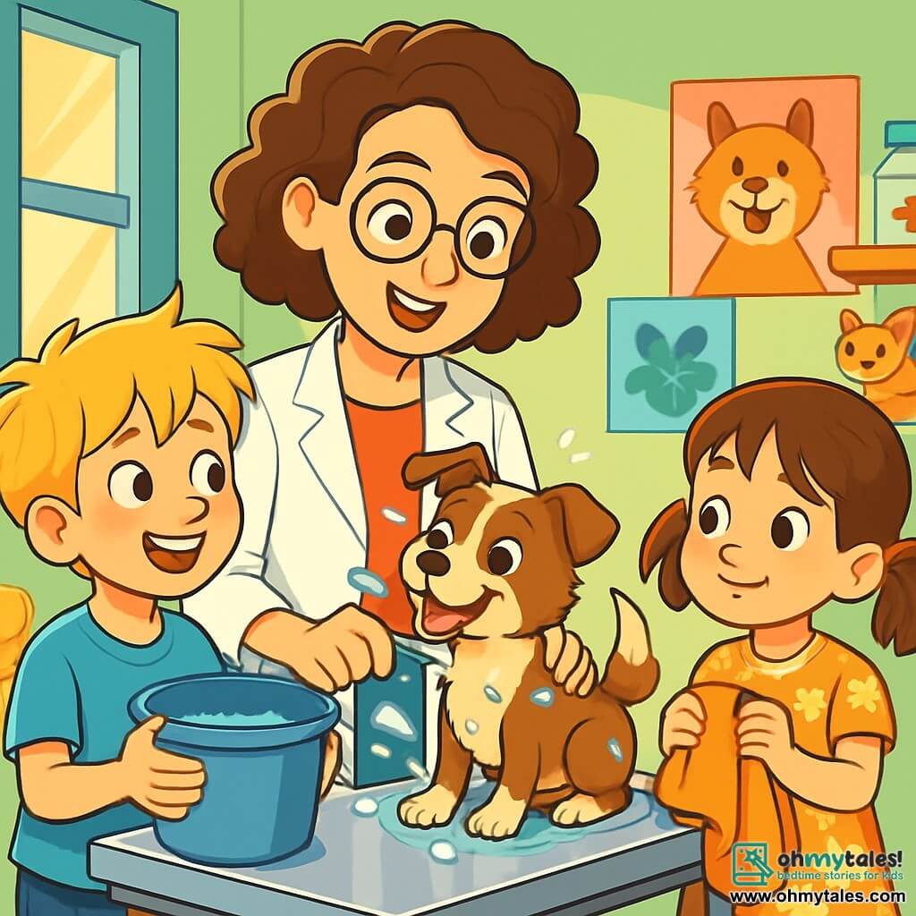 Dr. Lily Harper, a veterinarian in her thirties with curly brown hair and round glasses, is wearing a white coat and smiling energetically while examining a small dog with bright eyes. Next to her, an 8-year-old boy with messy blonde hair and a blue t-shirt holds a bucket of water to wash the dog, looking at Lily with admiration. In a corner, a 7-year-old girl with brown pigtails and a flower dress holds a towel, ready to dry the dog after its bath. The scene takes place in a bright and welcoming veterinary clinic with pastel green walls, colorful animal posters, and shelves filled with pet toys. At the center, a stainless steel examination table shines under the sunlight coming through the window, creating a warm and joyful atmosphere. The main situation shows Dr. Lily and the children washing a small dog that is splashing water while the kids laugh and enjoy, creating a moment of happiness and bonding.