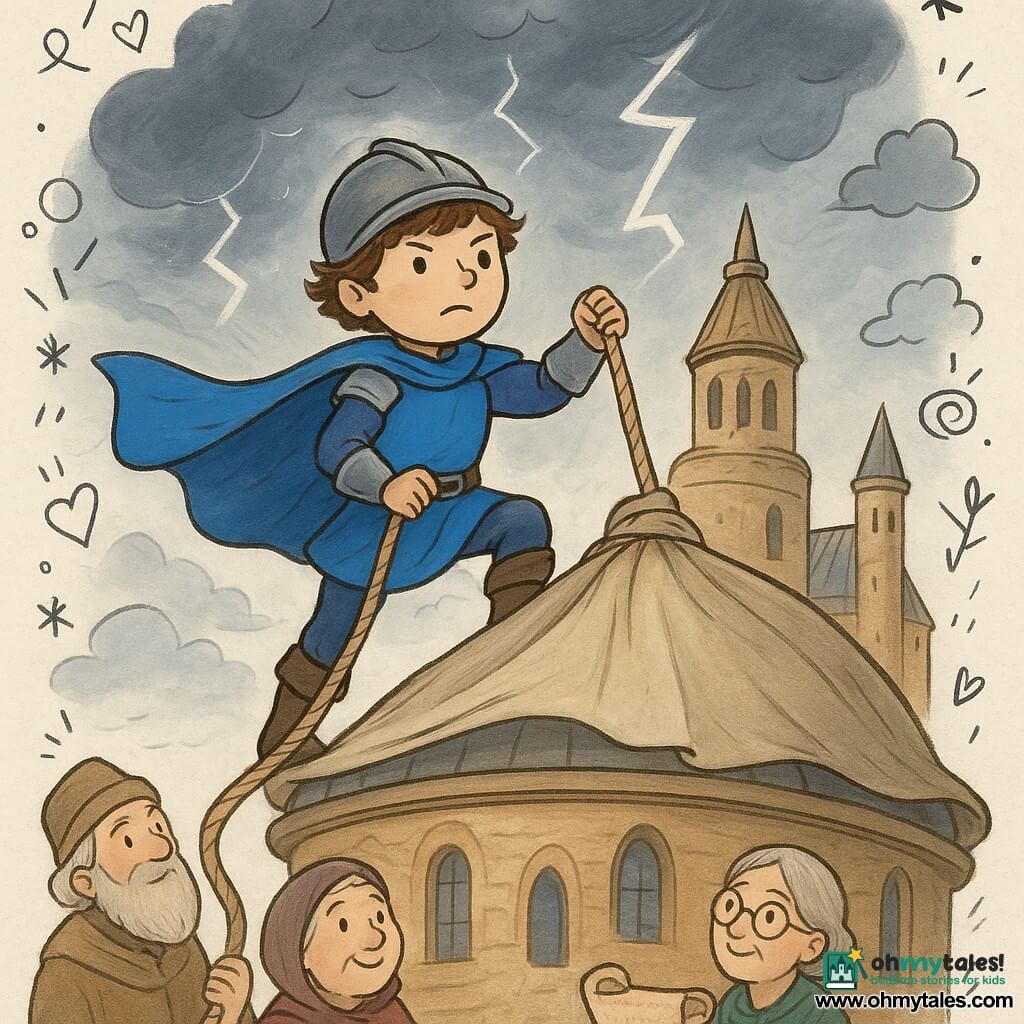 A young boy knight, Sir Rowan, with a bright blue tabard billowing in the wind, stands bravely on the roof of the library's grand dome, firmly holding a rope. His face shows fearless determination. Rowan's brown curly hair is slightly tousled by the wind. Next to him, a group of elderly librarians with kind and focused expressions stands below, looking up at him with admiration. They wear long, colorful robes, and one of them, a woman around 60, holds an old rolled-up scroll. The scene takes place on the roof of Cloudstone Library, a majestic building with towers and narrow windows, under a sky troubled by dark, threatening clouds. The main situation shows Rowan securing the dome with a fabric sheet while the wind blows strongly and lightning illuminates the sky, creating a dramatic and heroic atmosphere.