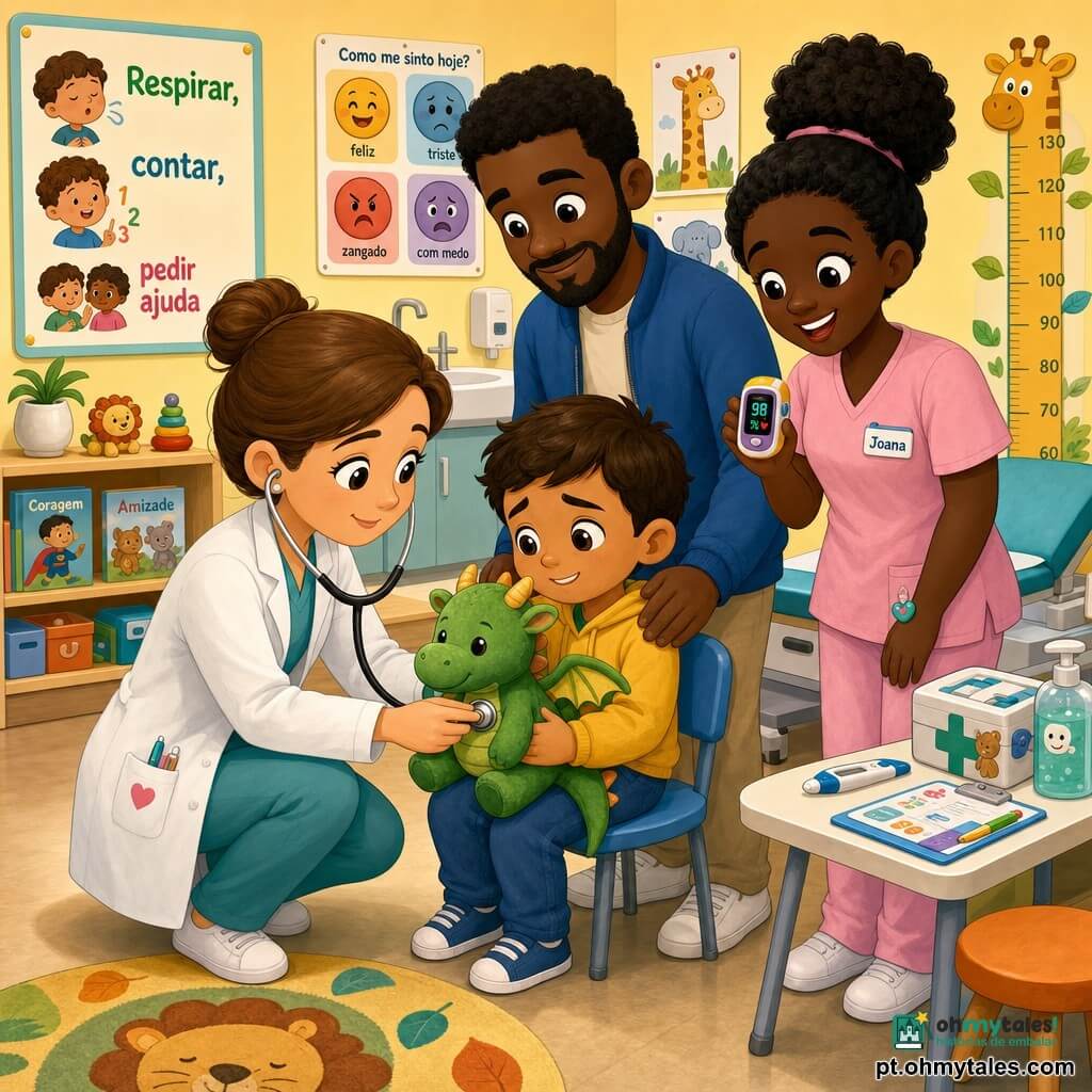 Uma médica (mulher adulta) sorridente e calma, cabelo castanho-claro apanhado em coque, bata branca com bolsos, agachada a ouvir um dragão de peluche verde com estetoscópio prateado para acalmar o rapaz; rosto benevolente, olhos redondos e cílios visíveis, postura reconfortante. Um menino (Tomás, ~5 anos) sentado numa cadeira baixa segura firmemente o dragão de tecido, expressão preocupada que se acalma. Um pai (homem adulto) atrás do menino, mão no ombro, casaco azul, expressão suave. Uma enfermeira (Joana) sorridente mostra um oxímetro colorido no dedo, veste uniforme rosa-pastel e está junto a uma mesa com material médico infantil. Sala de consulta pediátrica luminosa, paredes amarelo-pálido com cartazes de emoções e desenhos de animais, estante com livros e brinquedos, pequeno lavatório, cadeira médica e um cartaz "Respirar, contar, pedir ajuda". Situação principal: a médica ausculta o peluche para tranquilizar o menino; todos atentos e descontraídos; luz suave, cores quentes, traços arredondados e contornos nítidos, estilo ilustrativo simples e alegre para crianças.