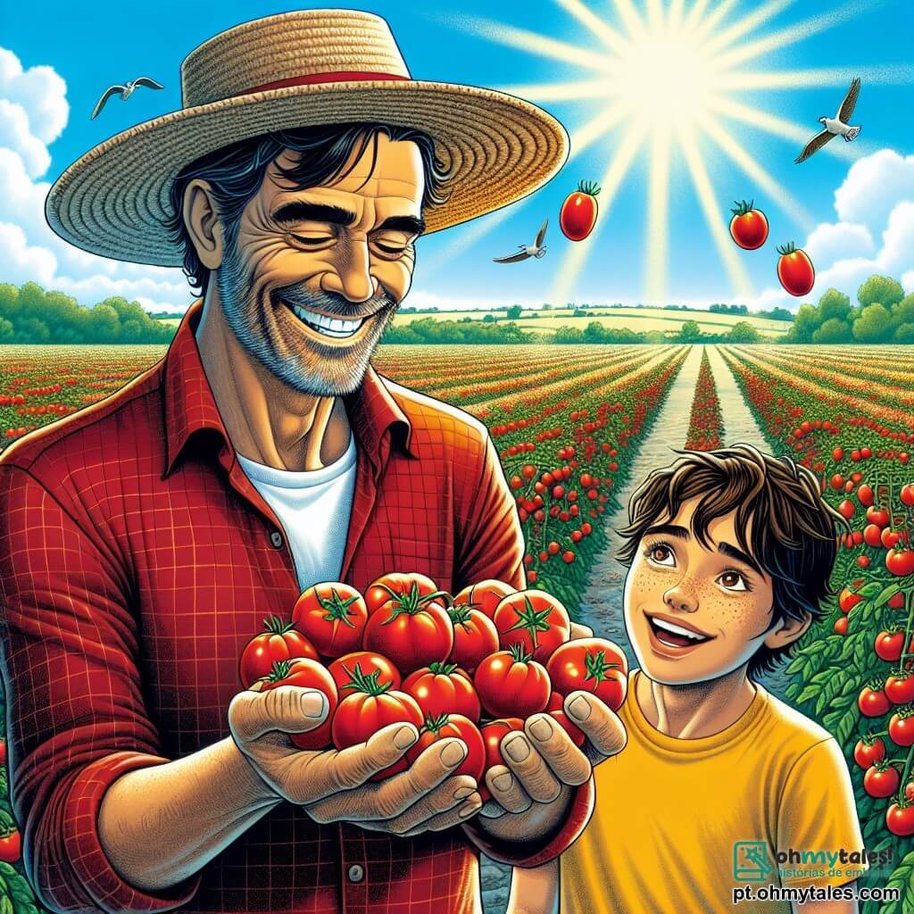 Um homem, Seu Pedro, está no centro da imagem, sorrindo com olhos brilhantes de alegria. Ele veste uma camisa xadrez vermelha e um chapéu de palha, suas mãos estão cheias de tomates vermelhos brilhantes que ele acabou de colher. Ao seu lado, um garoto chamado João, com cerca de 8 anos, cabelos castanhos bagunçados e uma camiseta amarela, observa maravilhado os tomates, com as mãos na cintura, pronto para ajudar. A cena acontece em uma vasta fazenda ensolarada, com fileiras de plantas de tomates com frutos vermelhos vibrantes, e ao fundo, campos verdes se estendem até onde a vista alcança, sob um céu azul salpicado de nuvens brancas. A situação principal mostra Seu Pedro e João colhendo tomates, cercados pela beleza da natureza, com raios de sol iluminando a cena e pássaros voando alegremente acima deles.
