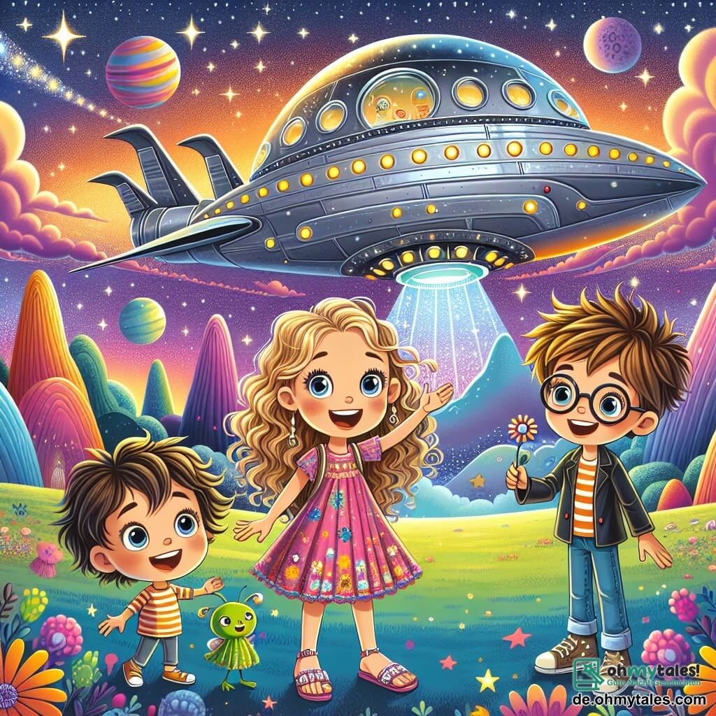 Ein 8-jähriges Mädchen, Leni, mit lockigem, blondem Haar und einem großen, erstaunten Lächeln, steht vor einem wunderschönen silbernen Raumschiff, das unter einem sternenklaren Himmel glänzt. Sie trägt ein buntes Kleid mit Blumenmustern und Sandalen. Neben ihr steht ihr bester Freund Max, ein 8-jähriger Junge mit zerzausten braunen Haaren und runden Brillen, der das Raumschiff mit weit aufgerissenen Augen betrachtet und eine kleine singende Blume in der Hand hält. Ihre Silhouetten heben sich vor einer fantastischen Landschaft ab, in der lebhaft gefärbte Hügel und seltsam geformte Bäume bis zum Horizont reichen. Der Himmel ist voller funkelnder Sterne und bunter Planeten, was eine magische Atmosphäre schafft. Die Hauptsituation zeigt Leni und Max, die erstaunt das Raumschiff entdecken, das gerade gelandet ist, mit einem kleinen grünen Außerirdischen namens Zipp, der große, leuchtende Augen und ein freundliches Lächeln hat und sie einlädt, an Bord zu kommen für ein intergalaktisches Abenteuer.