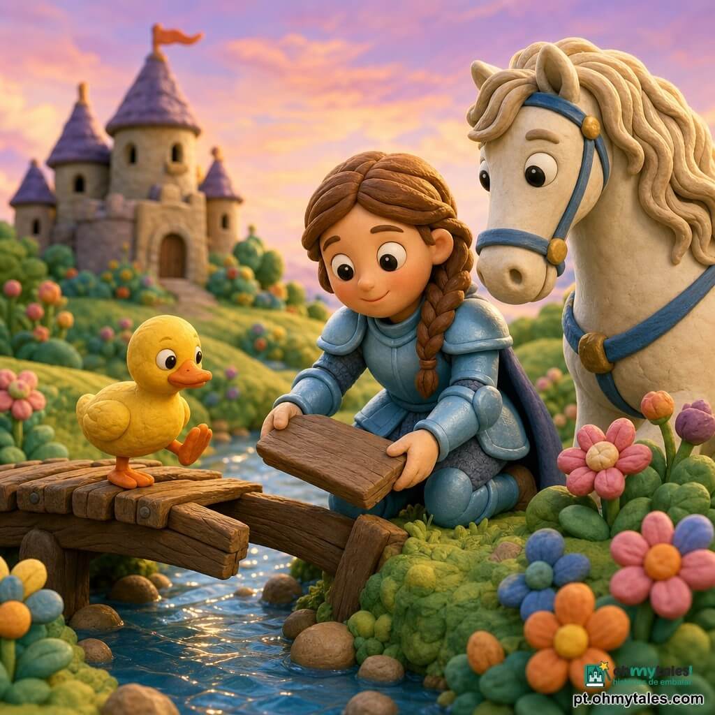 Uma cavaleira sorridente e tranquila em armadura azul-clara, cabelos castanhos trançados, apoia uma tábua sobre uma viga quebrada para consertar um pequeno pontão; seus traços são suaves e arredondados, olhos grandes como de massa de modelar; um patinho amarelo de massinha atravessa levantando a pata; à direita, um cavalo branco chamado Sol com crina ondulada observa com olhar benevolente; cenário: ponte curta sobre um ribeiro cintilante, margens gramadas com flores em botões, ao fundo um pequeno castelo de argila e um céu em tons pastéis, luz quente do fim de tarde; estilo volumoso, formas arredondadas e texturas aparentes como modeladas à mão, cena terno e segura.