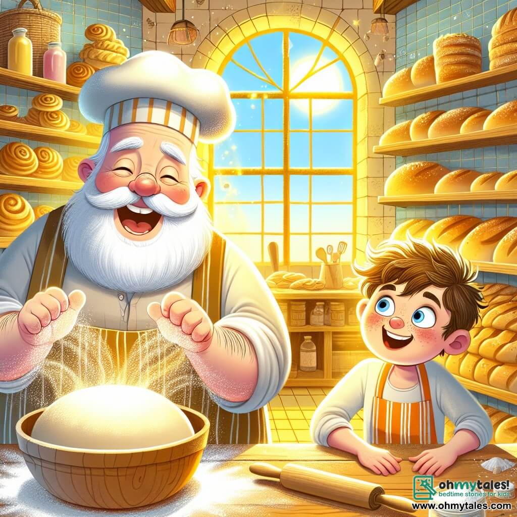 A jovial man, Baker Ben, with a round belly and a white beard, smiles warmly while kneading a large ball of dough in a sunny kitchen. He wears a striped apron and a baker's hat, his eyes sparkling with joy and enthusiasm. Next to him is a young boy named Tommy, about 8 years old, with messy brown hair and rosy cheeks from excitement, watching in awe while holding a wooden spoon, ready to help. The scene takes place in a colorful bakery with bright yellow walls, shelves filled with golden breads and delicious pastries, and a window where sunlight shines, illuminating the flour dancing in the air. In this illustration, Baker Ben and Tommy share a magical moment of creation, with the baker showing the boy how to knead the dough, while laughter and happiness fill the atmosphere.