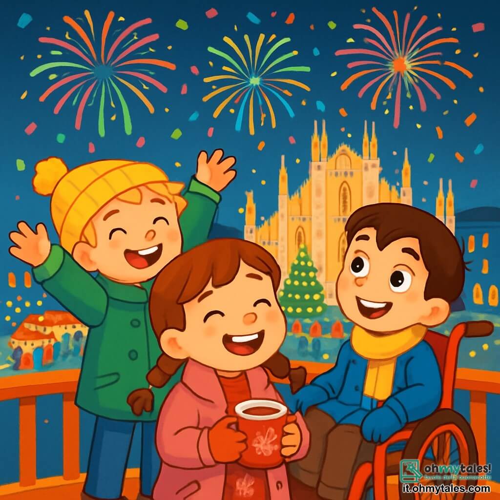 Ci sono 3 personaggi: Filippo, un ragazzo di 7 anni con capelli castani e occhi brillanti, seduto in una sedia a rotelle rossa, indossa un cappotto blu e una sciarpa gialla, sorride guardando il cielo; Riccardo, un ragazzo di 7 anni con capelli biondi disordinati e un grande sorriso, indossa un berretto giallo con pompon e un cappotto verde, è in piedi accanto a Filippo, sollevando le braccia in segno di entusiasmo; Anna, una ragazza di 7 anni con capelli castani e trecce, indossa un vestito rosso con motivi di fiocchi di neve e un cappotto rosa, si trova davanti ai ragazzi, tiene in mano una tazza di cioccolata calda e ride di gioia. L'ambientazione è un balcone che si affaccia su una grande piazza illuminata di Milano, decorata con luci scintillanti, bancarelle di cibo colorate e persone che ballano e si divertono, mentre i fuochi d'artificio esplodono nel cielo notturno. I tre amici festeggiano insieme il Capodanno, circondati da fuochi d'artificio e coriandoli colorati, ridendo e abbracciandosi, condividendo la loro gioia e la cioccolata calda in un'atmosfera festosa.