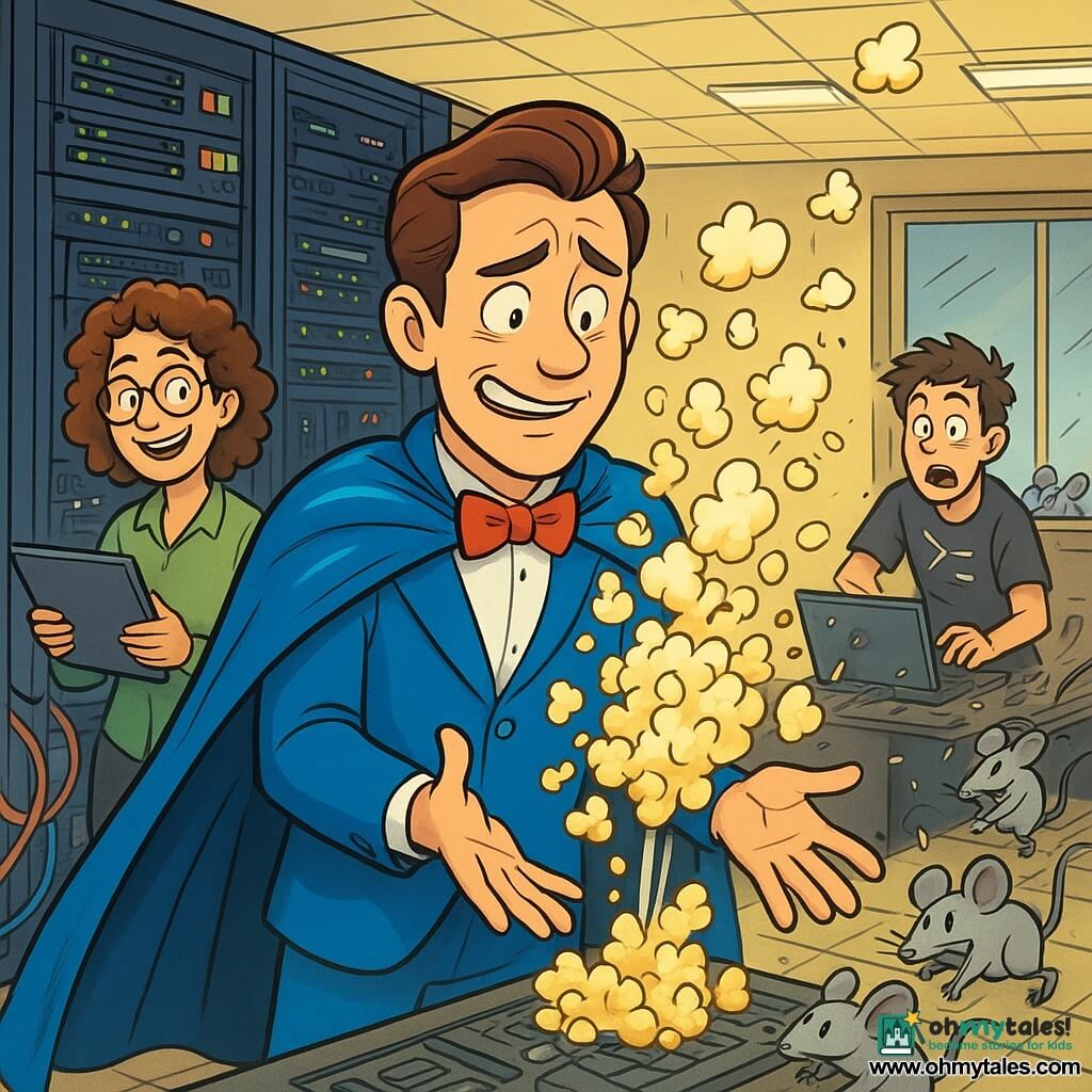A confused, embarrassed Captain Courteous with furrowed brows but a shy smile, shiny blue cape, smart suit and bow tie, brown hair slicked back, reaching to catch popcorn shooting from vents; Ms. Widget, 35–45, amused and knowing, short curly hair and round glasses, holding a tablet at the hero’s left near a large server rack, laughing; a young male IT team member (~25) in a geek T‑shirt at the right background typing wildly as keyboard keys fly; several small light‑gray mice tapping computer mice near a window drawn to a pile of popcorn; detailed server room with rows of black servers with green/red LEDs, computer screens showing red alerts, tangled colorful cables, tiled floor and slightly yellow fluorescent light; a comic popcorn explosion from vents with buttery kernels and steam clouds, flying keys and characters, amused expressions and light chaos, clear-line style, bright colors, exaggerated expressions and a warm humorous atmosphere.