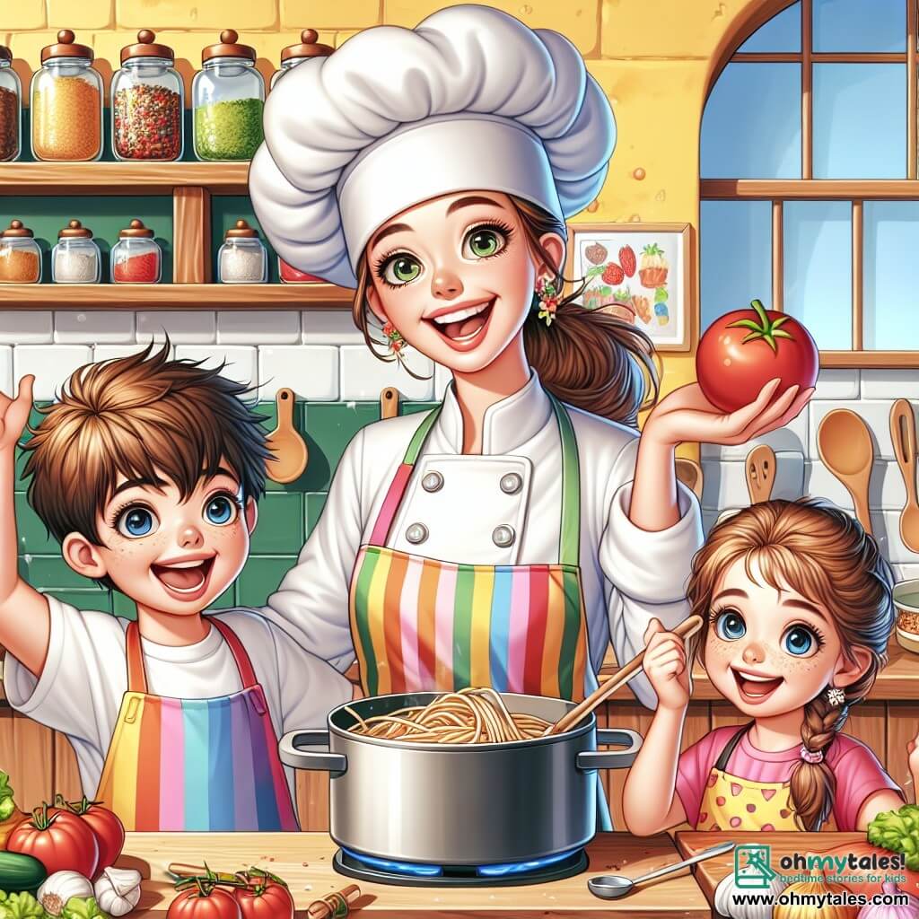 Chef Lily, a cheerful woman in a large white hat and a colorful apron, smiles enthusiastically while showing the children how to cook. Her brown hair is tied in a bun, and her eyes sparkle with happiness. Max, an 8-year-old boy with messy blonde hair, stands next to her holding a large red tomato, his face beaming with pride. Mia, a 7-year-old girl with brown hair in braids, is stirring a large pot with a look of wonder, her eyes shining with excitement. The scene takes place in a bright, colorful kitchen with yellow walls and shelves filled with spice jars and fresh vegetables. A large wooden countertop is covered with colorful ingredients, and cooking utensils shine in the sunlight coming through the window. In this illustration, Chef Lily and the children are preparing a spaghetti dish together, laughing and having fun, creating a warm and joyful atmosphere full of culinary magic.