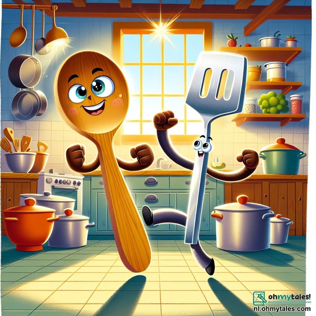 Sammy, een glimlachende houten pollepel met sprankelende ogen, staat in het midden van de keuken, klaar om een uitdaging aan te gaan, met zijn armen enthousiast omhoog. Naast hem staat Grits, een glanzende metalen garde met een ondeugende glimlach, die zich voorbereidt om te springen, met een vastberaden uitdrukking. De keuken is helder en kleurrijk, met zonnestralen die door een raam filteren, potten en pannen die boven hen hangen, en een groot houten aanrecht met verspreide ingrediënten. De hoofdscène toont Sammy en Grits die samen trainen, klaar om een obstakel te overwinnen, een grote kookpot die de ingang van de Lade Dojo blokkeert, wat hun vastberadenheid en teamgeest symboliseert.