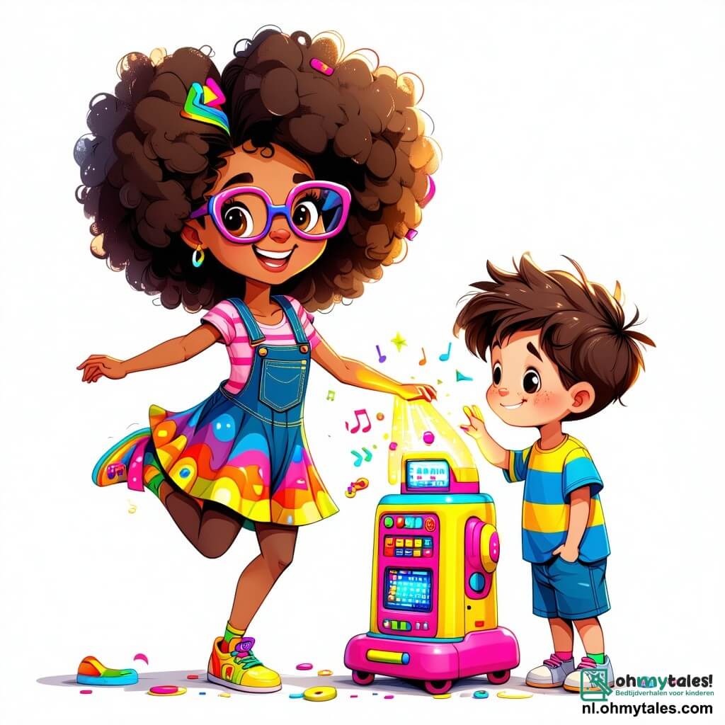 Lila is een vrolijke vrouw met een grote, krullende haardos en ronde brillen, gekleed in een kleurrijke overall en met een stralende glimlach. Ze danst rond haar Sokken-Super-Scanner, een kleurrijke machine versierd met stickers, die felle lichten en leuke geluiden maakt. Naast haar staat een jongen van ongeveer 8 jaar met rommelig bruin haar en een gestreept t-shirt, die de machine met grote ogen bekijkt, terwijl hij een sok in zijn hand houdt, klaar om deze in het apparaat te gooien. Een ander kind, een meisje van 6 jaar met vlechten en een bloemenjurk, lacht hard terwijl ze probeert een sok die door de lucht vliegt te vangen. De scène speelt zich af in een kleine, lichte werkplaats vol gereedschap, losse onderdelen en tekeningen aan de muren, met zonnestralen die door een raam filteren en de vrolijke, creatieve sfeer verlichten. De hoofdactie toont Lila en de kinderen die een demonstratie geven van de Sokken-Super-Scanner, terwijl kleurrijke sokken om hen heen vliegen, wat een feestelijke en speelse ambiance creëert, vol met gelach en verrassingen.