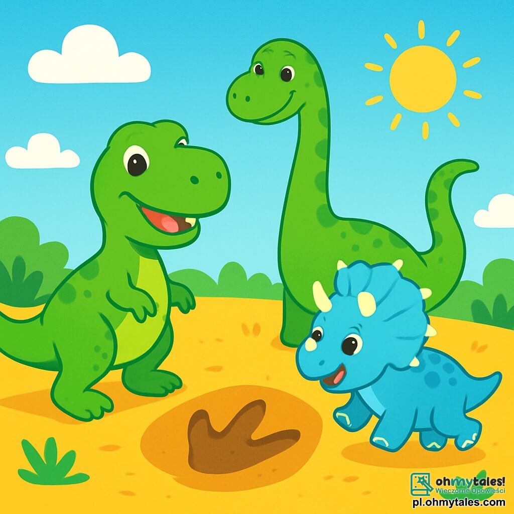 Tyranozaur Rex o imieniu Tino, z jaskrawozieloną skórą i błyszczącymi oczami pełnymi ciekawości, stoi na dużym terenie złotego piasku, uśmiechając się entuzjastycznie. Obok niego jest Diplodok o imieniu Dinu, długi i elegancki, z wydłużoną szyją i zielonymi łuskami, który przyjaźnie patrzy na Tino, podczas gdy mały Triceratops o imieniu Malu, z uroczymi rogami i błękitną skórą, radośnie skacze obok nich. Niebo jest intensywnie niebieskie, usiane puszystymi białymi chmurami, a słońce świeci jasno, oświetlając krajobraz. Scena przedstawia Tino i jego przyjaciół odkrywających starożytny ślad dinozaura w piasku, symbolizujący ich poszukiwanie przygód i przyjaźni.