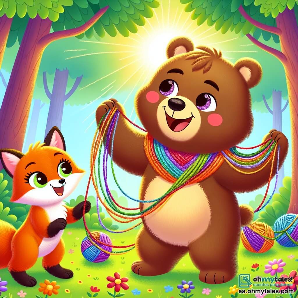 Un pequeño oso marrón, llamado Bruno, baila alegremente en un claro del bosque, con ojos brillantes de felicidad y una amplia sonrisa en su rostro. Su pelaje es suave y sedoso, y lleva una pequeña bufanda colorida alrededor del cuello que vuela con sus movimientos. A su lado, un zorro naranja brillante, llamado Lupe, está tejiendo una tela brillante con hilos de colores, con una expresión concentrada y entusiasta. Lupe tiene ojos traviesos y una cola esponjosa que se agita con emoción. El lugar es un claro soleado, rodeado de majestuosos árboles de hojas verdes brillantes, con flores multicolores esparcidas por el suelo. Los rayos de sol filtran a través de las ramas, creando patrones luminosos en el suelo. La situación principal muestra a Bruno y Lupe compartiendo un momento de alegría y creatividad, celebrando la igualdad de género al aprender el uno del otro, rodeados de una atmósfera de camaradería y amistad.