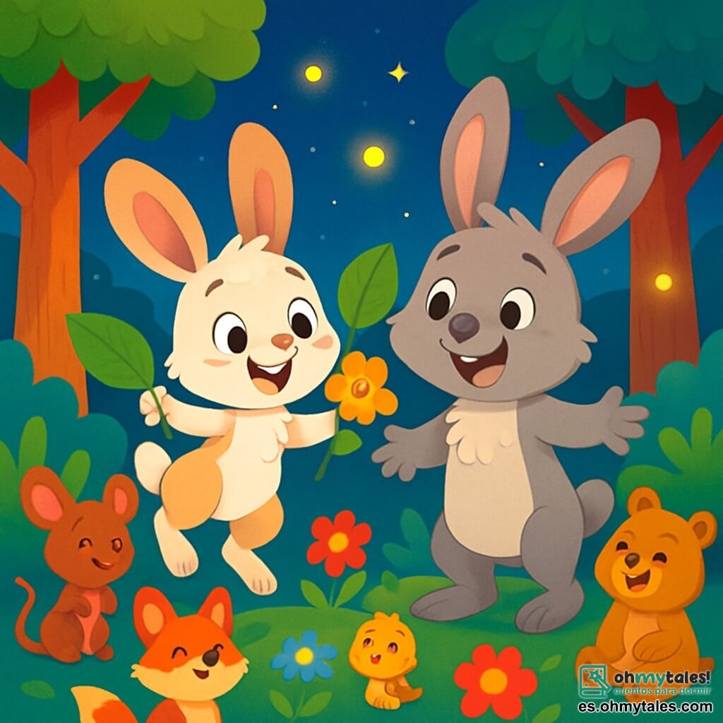 Un pequeño conejo llamado Bruno, con grandes orejas suaves y un pelaje blanco y marrón, salta de alegría con una gran sonrisa en su rostro. Sus ojos brillan de emoción mientras sostiene una hermosa hoja brillante y una flor cantarina en sus pequeñas patas. A su lado, su papá conejo, un gran conejo gris con una expresión afectuosa y ojos chispeantes, mira a su hijo con orgullo, sonriendo ampliamente y con los brazos abiertos, listo para recibir un abrazo. La escena tiene lugar en el Bosque de los Sueños Dulces, un lugar mágico lleno de árboles de troncos coloridos, flores danzantes y luciérnagas centelleantes que iluminan el cielo crepuscular. Bruno está preparando una sorpresa especial para su papá, rodeado de todos sus amigos animales, que los miran con asombro y alegría, listos para celebrar el Día del Padre en un ambiente festivo y cálido.