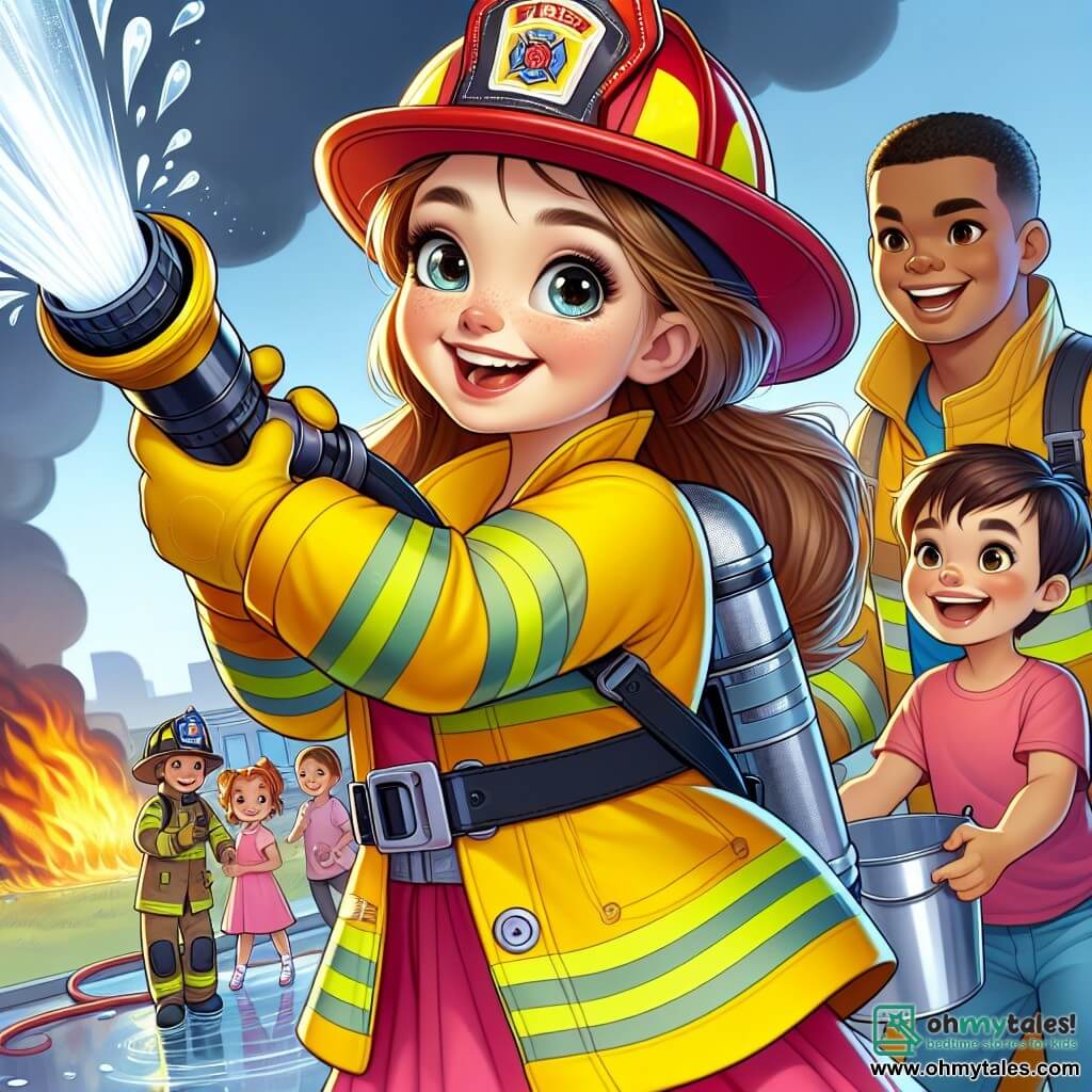 Fiona, a brave female firefighter, stands in the foreground wearing a bright yellow suit and a shiny red helmet. Her face radiates determination and joy as she uses a powerful fire hose to extinguish flames. Her brown hair is tied in a ponytail, and her eyes shine with excitement. Next to her, Benny, a firefighter around 30, assists her. He wears a similar suit but with a blue helmet, smiling as he hands her a bucket of water, showcasing teamwork and camaraderie. In the background, three children—Mia (8), Leo (7), and Sam (9)—watch in awe. Mia has blonde hair and wears a pink dress, Leo has brown hair and a blue t-shirt, while Sam, with chestnut hair, wears green shorts and enthusiastically claps. The scene takes place in a sunny small town with colorful houses and green trees. Black smoke rises into the blue sky as flames dance on a small building in the background, creating an atmosphere of urgency but also hope. The main focus is on Fiona and Benny battling the fire, with the children encouraging them and learning about fire safety, fostering a sense of adventure and camaraderie.