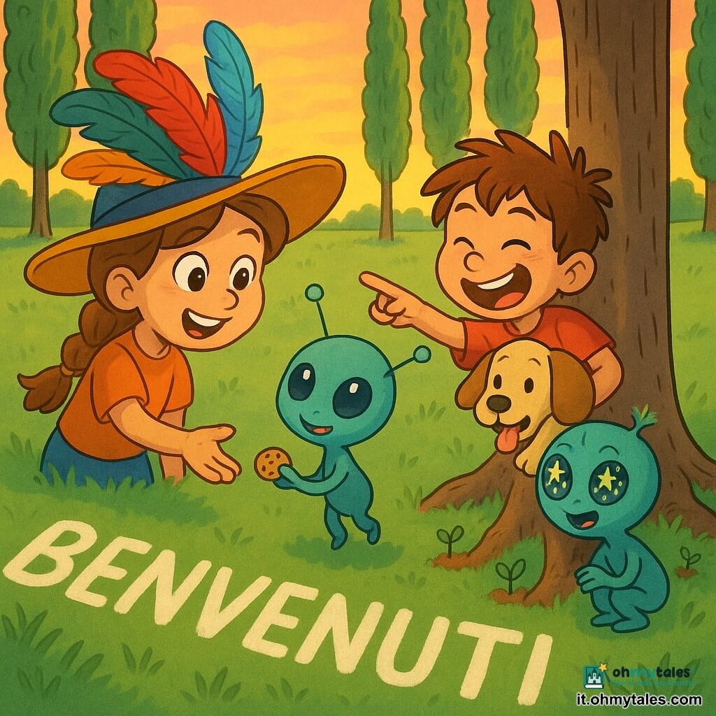 Una bambina di 8 anni, Sofia, felice e meravigliata con un grande cappello piumato e trecce castano chiaro, porge un biscotto a un piccolo alieno blu-verde, Lumi, dagli occhi neri lucidi e sottili antenne che fluttua sopra l'erba; vicino a loro Tommaso, un bimbo umano di 6 anni, birichino coi capelli castani spettinati, tiene un cane dalle grandi orecchie ridendo e indicando una piccola navicella rotonda, mentre un'aliena saltellante dagli occhi multipli ascolta accovacciata vicino alle radici di un pioppo in un campo verde fiancheggiato da pioppi, luce dorata del tramonto, iscrizione bianca "BENVENUTI" sull'erba, biscotti condivisi, risate, piccoli semi piantati intorno alle radici, atmosfera dolce con colori caldi e forme arrotondate.