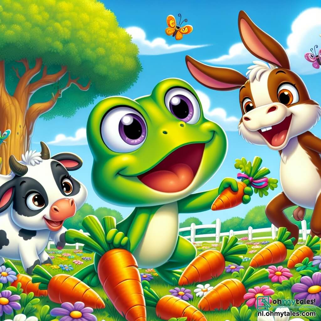 Kiki, de blije kikker, staat in het midden van de afbeelding, met een stralende groene huid en grote ronde ogen vol ondeugd. Ze springt enthousiast en houdt een wortel vast versierd met een mooi gekleurd lint, met een brede glimlach op haar gezicht. Naast haar kijkt Benny, de slimme konijn, met zijn bruine vacht en grote oren, nieuwsgierig naar de scène terwijl hij een wortel knabbelt. Lila, de zachte koe, staat op de achtergrond met haar zwart-witte vacht en kijkt met een vriendelijke glimlach, omringd door kleurrijke bloemen. De scène speelt zich af in een groen veld vol stralende bloemen onder een zonnige blauwe lucht, met een majestueuze eik op de achtergrond. Op de voorgrond vieren de dieren de ontdekking van een feestmaal van versierde wortels, lachend en vrolijk dansend, wat een feestelijke en leuke sfeer creëert.