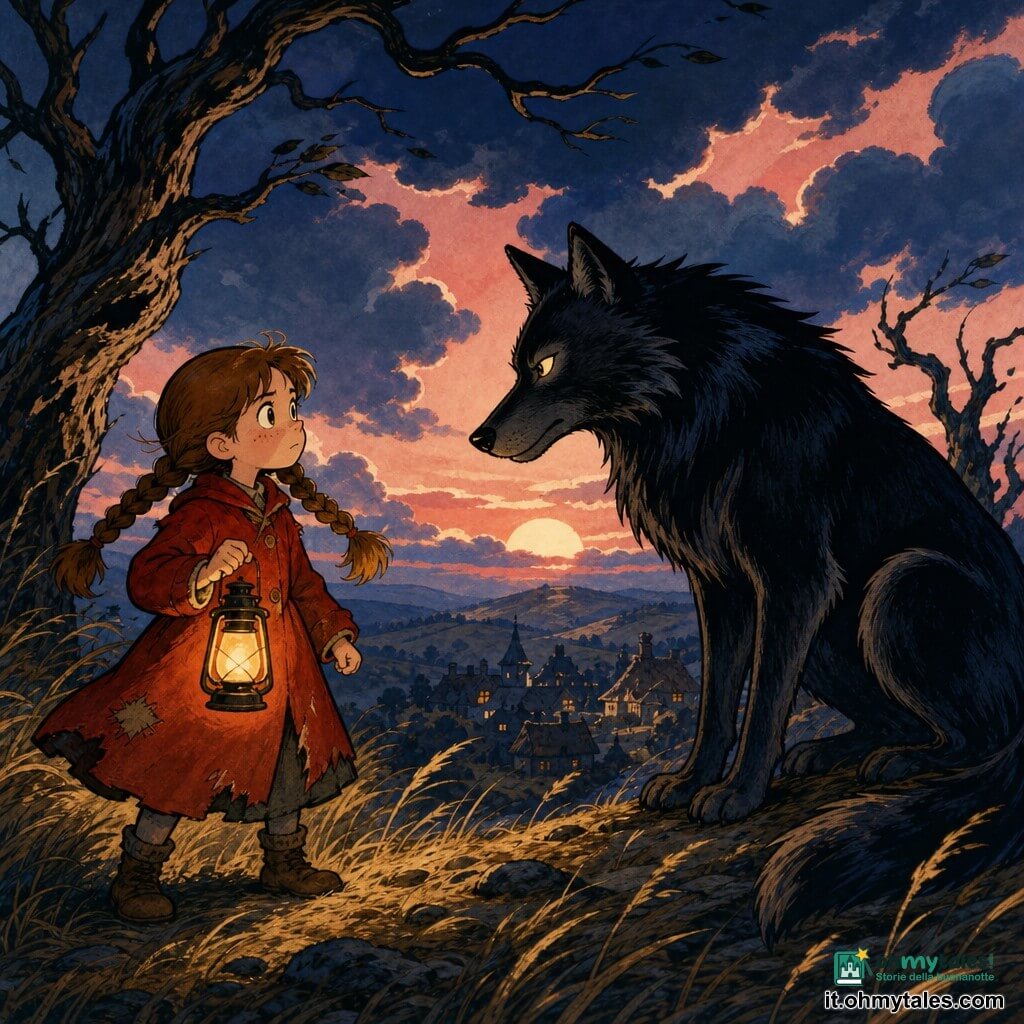 Ragazzina di 10 anni, coraggiosa e tremante, viso rotondo con lentiggini, capelli castani in due trecce, cappotto rosso consumato, tiene una piccola lanterna gialla che illumina il volto; è ferma in cima a una collina davanti a un grande lupo scuro dal pelo nero lucente con riflessi blu e occhi gialli penetranti, postura imponente ma rispettosa, a pochi metri da lei; nessun altro umano, in lontananza una sagoma sfocata di un villaggio nella valle; radura ventosa con erba alta e alberi contorti, cielo notturno che si apre su un primo raggio di sole rosato all'orizzonte; scena di confronto all'alba, tensione delicata tra ombre profonde e bagliore dorato, palette di neri profondi, blu notte, rossi caldi e gialli dorati, tratti spessi e forme rotonde ed espressive.