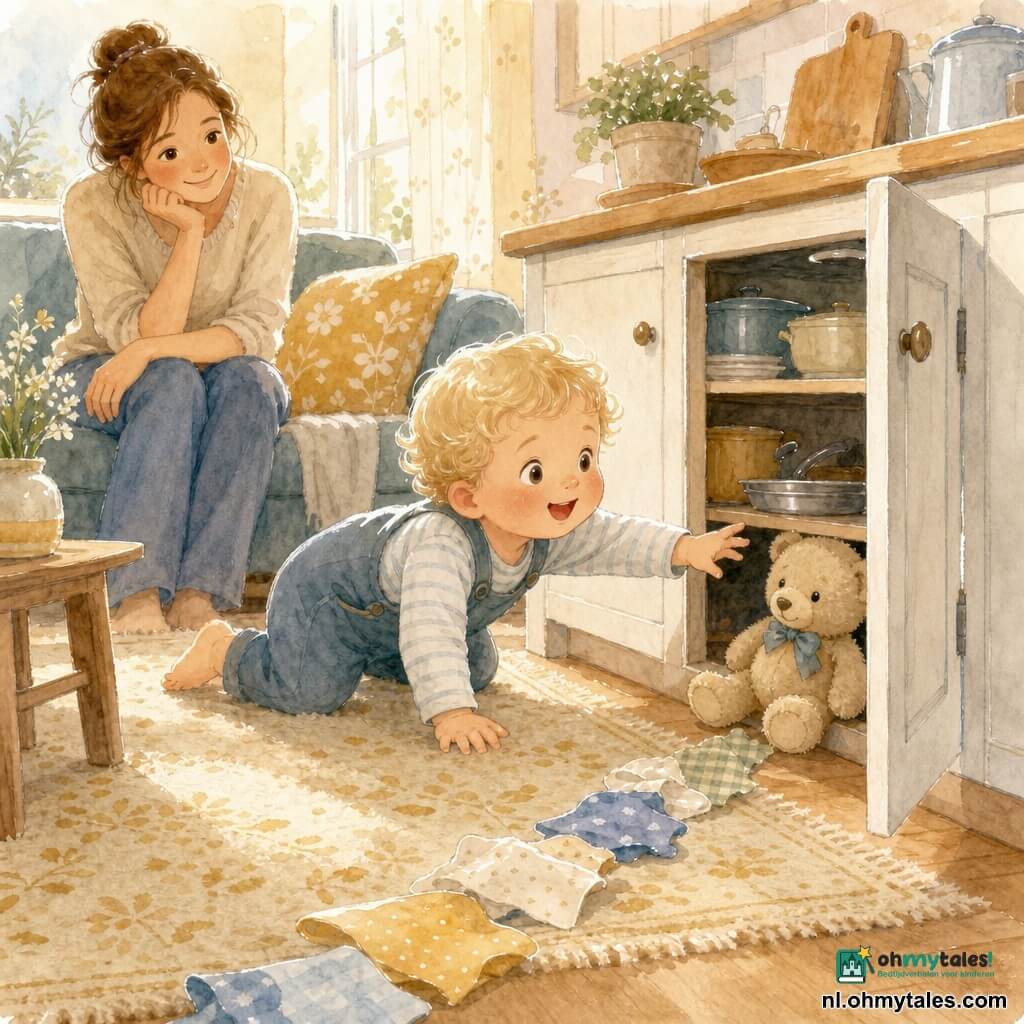 Een tweejarig jongetje met rond gezicht en blonde plukjes kruipt naar een laag houten kastje en reikt naar een licht versleten beige knuffelbeer met een blauw strikje en een klein scheurtje aan een poot; de moeder van circa 30 jaar met kastanjebruin haar in een losse knot zit op de bank en kijkt liefdevol toe; de beer ligt half in de schaduw van een opengaande keukenkast, op een gezellige, kleurrijke keuken/woonkamer met licht houten vloer, crème-mosterddoek en warm licht door een lichte gordijn, en er ligt een spoor van kleine stofstukjes van de rand van het tapijt naar het kastje — pastelwaterverfstijl met zachte randen en witte gelpenreflecties.
