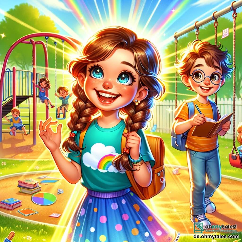 Ein 8-jähriges Mädchen, Lena, mit langen, geflochtenen braunen Haaren, einem strahlenden Lächeln und neugierigen Augen steht auf einem sonnigen Spielplatz. Sie trägt ein leuchtend blaues T-Shirt mit Wolkenmuster und einen bunten gepunkteten Rock. Sie springt vor Freude mit erhobenen Armen, umgeben von lebhaften Farben, die ihre kreativen Gedanken symbolisieren. Neben ihr schaut Ben, ein 8-jähriger Junge mit zerzausten braunen Haaren und runden Brillen, Lena mit einem dankbaren Lächeln an. Er hält ein kleines Mathematikheft in den Händen, seine Augen strahlen vor Aufregung, weil er seine Hausaufgaben wiedergefunden hat. Der Spielplatz ist lebhaft, mit Schaukeln, einer bunten Rutsche und fröhlich spielenden Kindern. Die Sonne scheint am klarblauen Himmel, und grüne Bäume umrahmen den Platz, was der fröhlichen Atmosphäre einen Hauch Natur verleiht. Die Hauptsituation zeigt Lena und Ben, die die Entdeckung von Bens Mathematikaufgaben feiern, umgeben von Klassenkameraden, die sie anfeuern und applaudieren. Lena, voller Energie, inspiriert Ben, seine Zweifel zu überwinden, während eine Atmosphäre von Kameradschaft und Unterstützung in der Luft liegt.