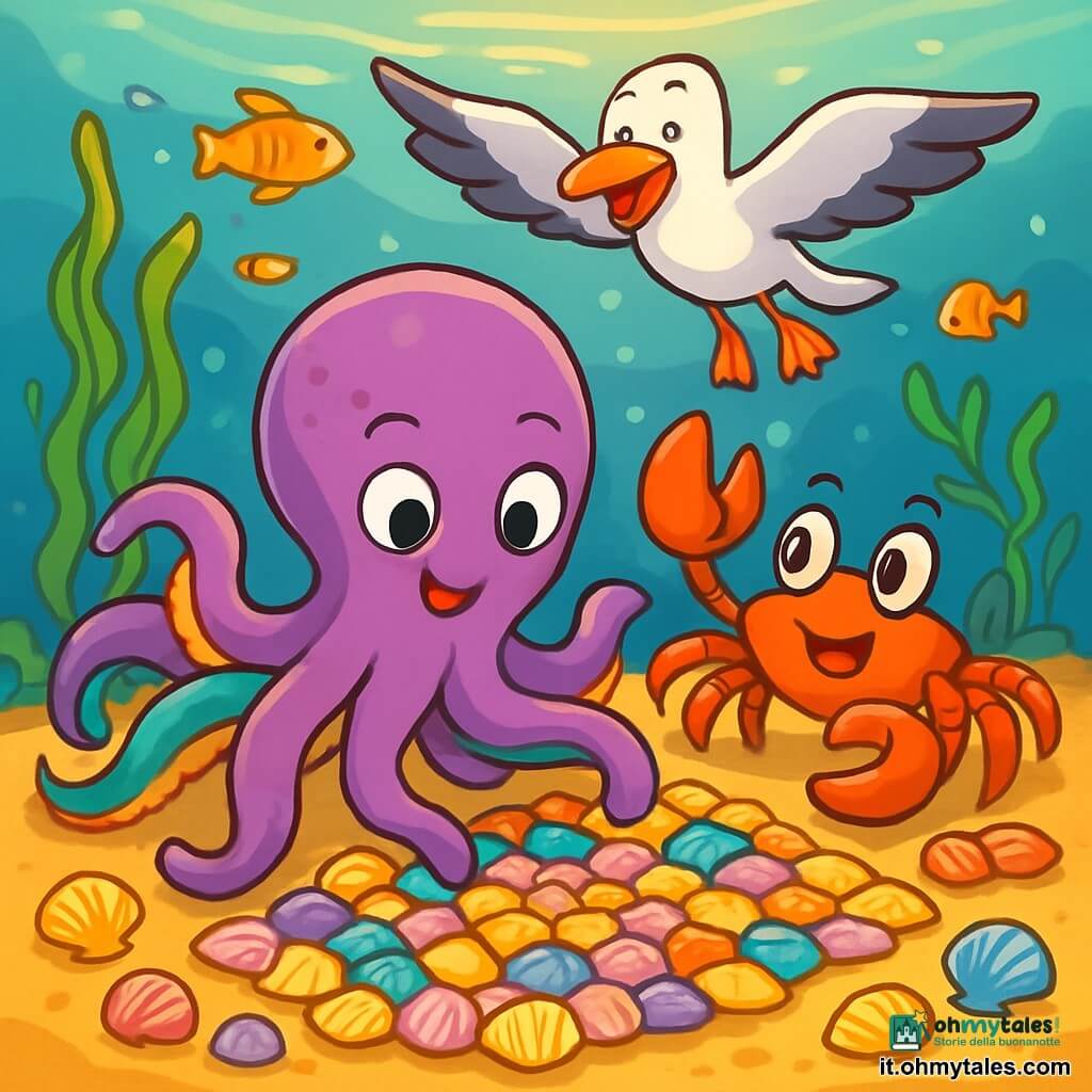 Marina, un giovane polpo dai tentacoli vibranti e colorati, sta creando un magnifico mosaico di conchiglie. Ha uno sguardo concentrato e gioioso, con occhi brillanti di creatività, mentre dispone delicatamente le conchiglie dai colori vivaci sul fondo marino. Carlotta, un granchio con il carapace rosso vivo e chele agili, è accanto a lei, mostrando un'espressione di incoraggiamento ed eccitazione. Usa le chele per contare le conchiglie, pronta ad aiutare Marina. Gino, un gabbiano dalle piume bianche e grigie, vola sopra di loro, osservando con un sorriso amichevole, pronto a dare consigli. Il luogo è una bella insenatura sottomarina, bagnata da una luce dorata, con alghe danzanti e pesci colorati che nuotano intorno a loro, creando un'atmosfera gioiosa e vibrante. La scena principale mostra Marina e i suoi amici in piena collaborazione, ognuno contribuendo con il proprio tocco unico alla creazione, illustrando così l'armonia della diversità e il potere dell'amicizia.