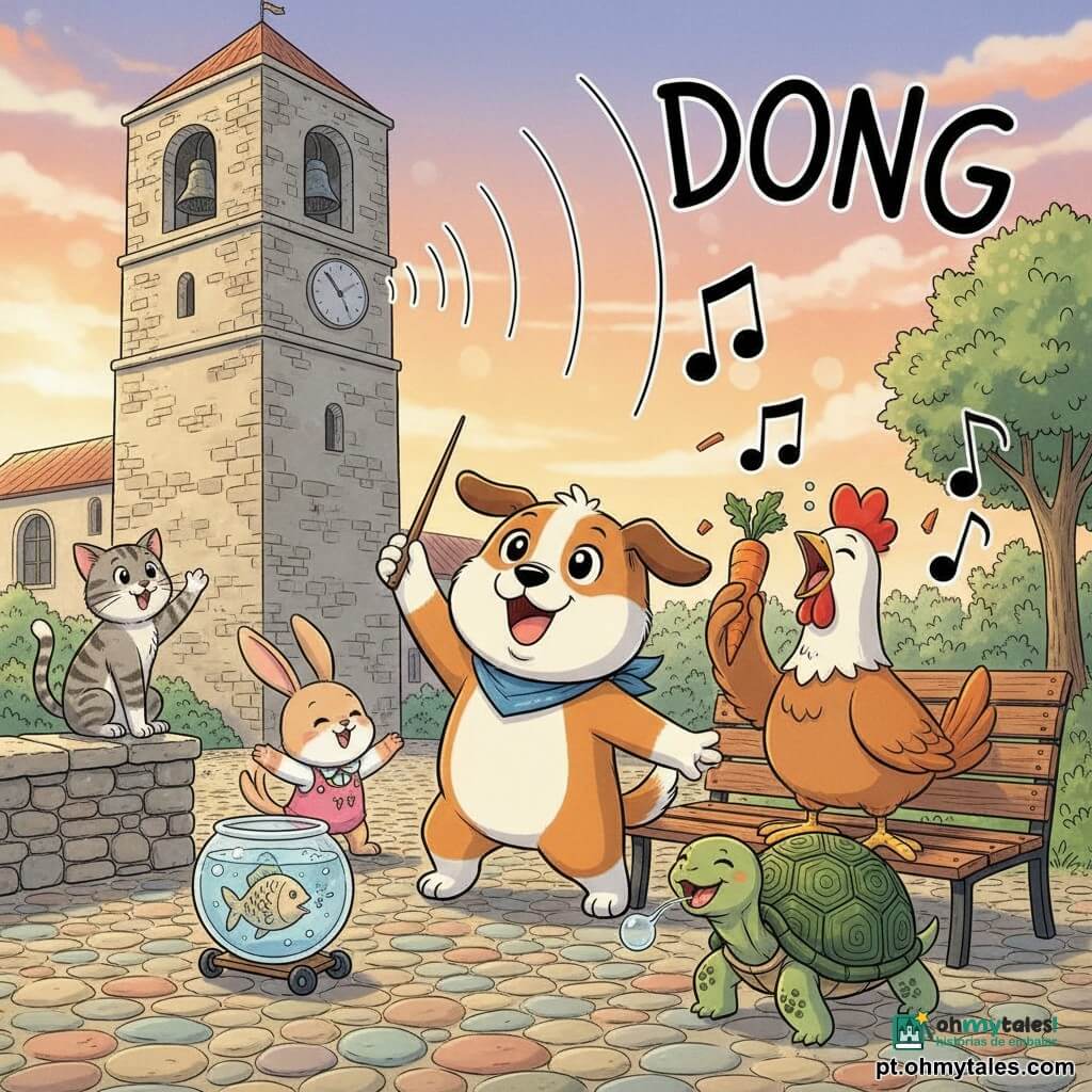 Um cão chamado Pingo, feliz e entusiasmado, pelo curto caramelo com manchas brancas, usa um lenço azul e ergue uma batuta de madeira como maestro; ao seu lado está a galinha Rufino, peito inflado e penas ruivas, cantando alto num banco de madeira; a coelha Lili, pequena e sorridente, mastiga uma cenoura em ritmo perto do cão; o gato Zé, elegante e malicioso, listrado cinza, mia num muro; a tartaruga Tina, carapaça verde com padrões, emite uma nota longa à frente do palco; o peixe Bolha num pequeno aquário sobre rodas faz bolhas ao lado do grupo; a praça da vila tem calçada de pedras coloridas, ao fundo uma torre com um antigo sino que solta um grande "DONG" — o grupo canta para silenciá‑lo; cena alegre, cores quentes, traços arredondados e expressões exageradas, visual fofo e legível para crianças.