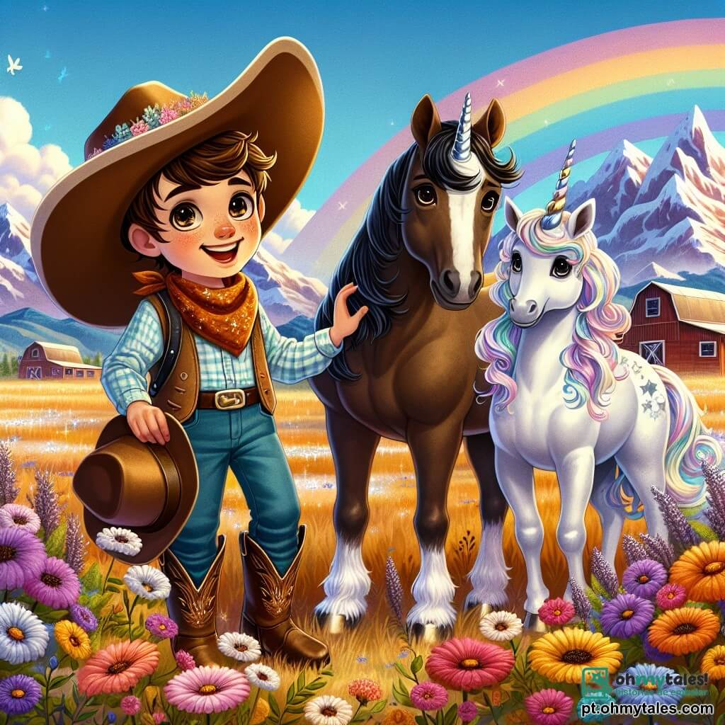 Um jovem, Ben, está no centro da imagem, usando um grande chapéu de cowboy e botas de couro que brilham ao sol. Ele tem cabelos castanhos e olhos curiosos, exibindo um sorriso largo e alegre. Ben acaricia seu cavalo, Estrela, um magnífico cavalo negro com uma crina ondulante, que parece amigável e pronto para a aventura. Ao lado de Ben, um grupo de três unicórnios, criaturas mágicas, se apresenta majestoso. O primeiro, um unicórnio de cores pastel, usa um chapéu florido e olha para Ben com benevolência. O segundo, um unicórnio prateado, brilha ao sol, enquanto o terceiro, um unicórnio dourado, se aproxima com curiosidade, seus olhos brilhando de inteligência. O cenário é uma vasta pradaria colorida, cheia de flores sob um céu azul claro, com montanhas distantes de picos nevados. Nuvens fofas flutuam preguiçosamente, adicionando um toque de magia. A cena principal mostra Ben, excitado, descobrindo os unicórnios nesta pradaria encantada, pronto para compartilhar seu sonho de aventura e tesouro com essas criaturas maravilhosas.