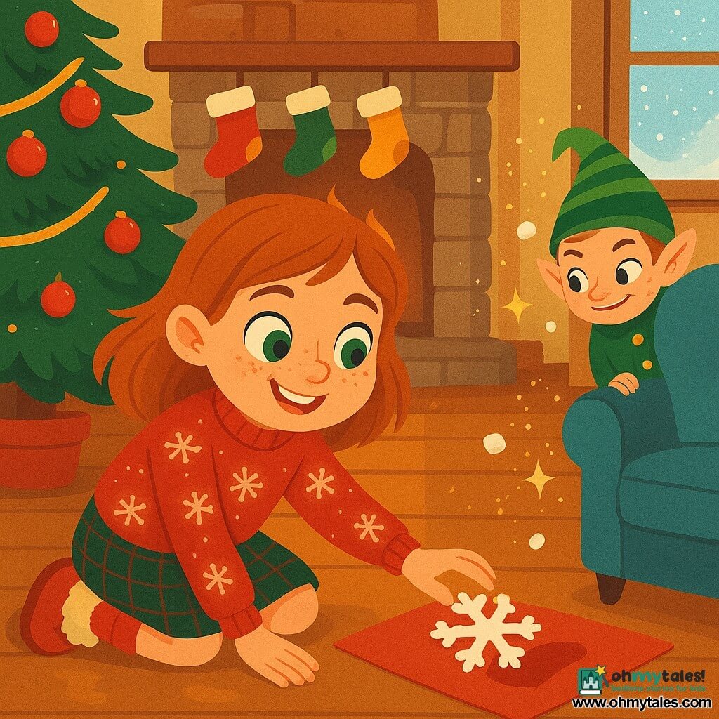 Lily, 10, round face with freckles, wide green eyes and a mischievous smile, kneels by a stone fireplace in a red snowflake sweater and tartan skirt, reaching for a snowflake-shaped puzzle piece on red paper stamped with a boot print; a small boy elf (~25 cm) with fair skin, pointed ears, striped green cap and gold-buttoned jacket peeks from behind the sofa to the right as glitter and marshmallows float around him. The warm living room shows a decorated Christmas tree, wooden floor, stockings on the mantel and light snow at the window; comedic Christmas morning, discovery of a magical clue, joyful mood, vivid red-green-orange palette, soft bright lighting, clean vector style with neat outlines and soft textures.