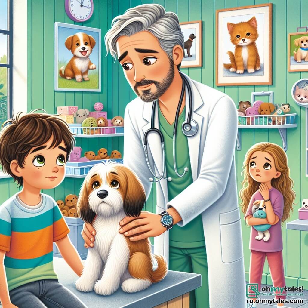 Un veterinar bărbat, de aproximativ 40 de ani, cu păr cărunt și barbă îngrijită, exprimă blândețe și determinare. Poartă un halat alb și mănuși de latex, aplecat peste o masă de examinare, verificând o cățelușă brună, Bella, care pare puțin îngrijorată, dar atentă. Lângă el, un băiat de 10 ani, Radu, cu păr castaniu și ochi strălucitori, observă fascinat, purtând un tricou colorat și blugi, ținând o jucărie în formă de minge pentru a o încuraja pe Bella. Mai departe, o fetiță de 8 ani, Ana, cu păr lung și blond, privește cu o expresie de îngrijorare și speranță, ținând în brațe o pisicuță albă, Lumea, care pare obosită. Scena are loc într-o clinică veterinară luminoasă și primitoare, cu pereți verzi pastel, afișe cu animale zâmbitoare și rafturi pline de jucării pentru animale. Feroneria lasă să pătrundă lumina soarelui, creând o atmosferă caldă. Situația principală arată veterinarul care o liniștește pe Bella, explicându-le lui Radu și Ana cum o va ajuta, ilustrând legătura specială dintre oameni și animale într-un cadru binevoitor.