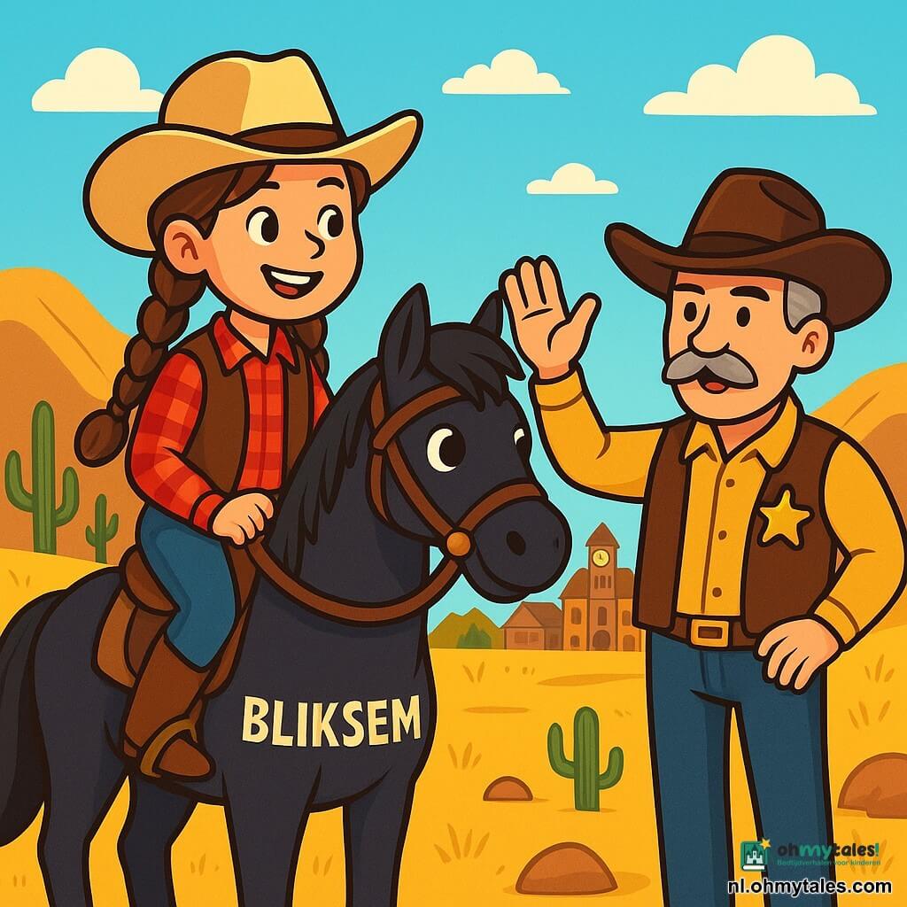 Een jonge cowgirl, Sammie, ongeveer 10 jaar oud, met lange gevlochten bruin haar en een brede vastberaden glimlach, zit op haar zwarte paard genaamd Bliksem. Ze draagt een beige cowboyhoed, een rood geruit shirt en een leren vest. Sammie kijkt met nieuwsgierigheid en opwinding naar het dorp in de verte. Naast haar staat de sheriff, een man van rond de vijftig met een grijze snor en een brede hoed, die zijn hand opsteekt om haar aandacht te trekken, zijn gezicht is serieus maar vriendelijk. De achtergrond is een gouden prairie, bezaaid met cactussen en rotsen, met heuvels op de achtergrond onder een stralende blauwe lucht. In de verte is het dorp te zien met houten gebouwen en een grote klok op het gemeentehuis. De belangrijkste situatie toont Sammie die klaar is om op avontuur te gaan, vastbesloten om het mysterie van de verdwijning op te lossen, terwijl de sheriff haar de situatie uitlegt met expressieve gebaren.