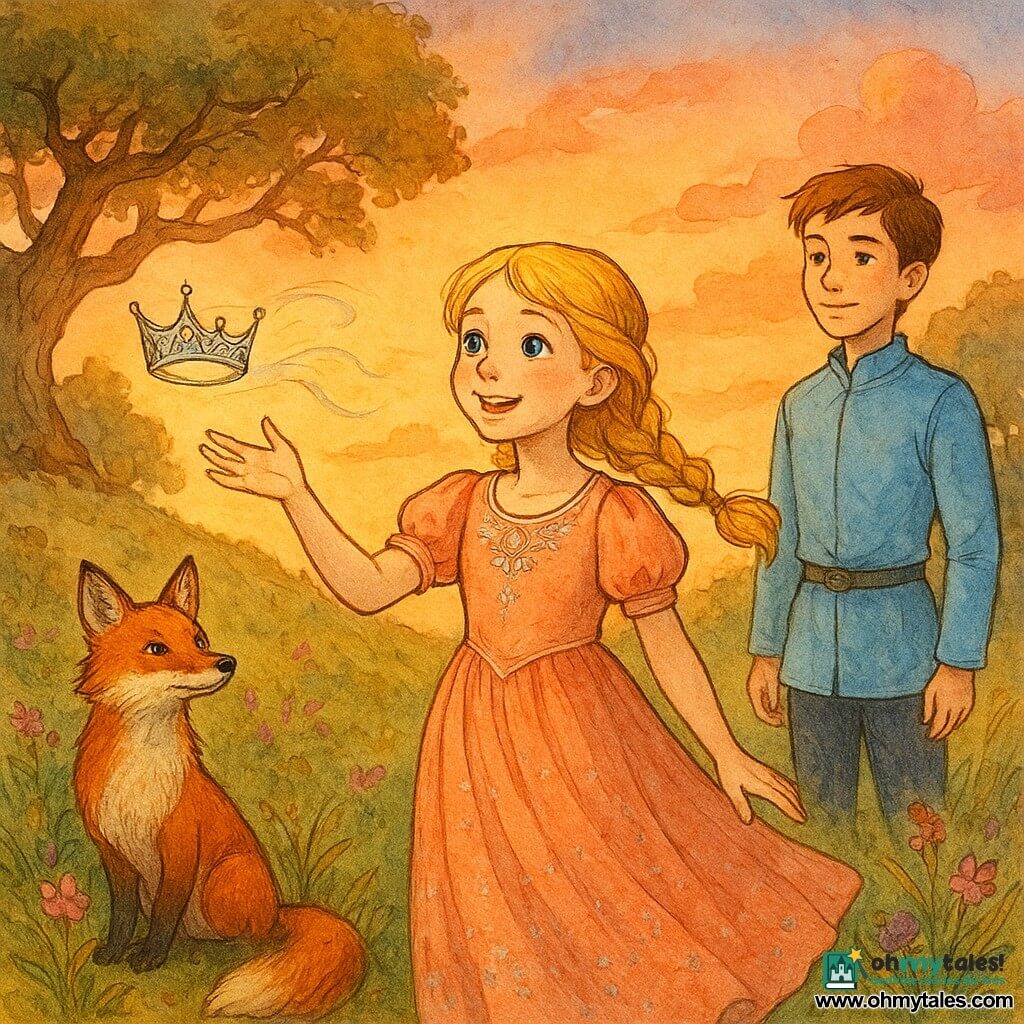 Princess (girl), round face, loose golden-blond braids, bright blue eyes and an amazed smile, wearing a light peach dress with silver embroidery, reaching to touch a delicate silver-thread crown floating on a breeze; Prince (boy), about 12, slender, short chestnut hair, simple sky-blue suit, standing slightly back on the hill with a gentle, protective gaze admiring the princess; Finn the fox, male, bright red coat and slender muzzle, sitting by a bush to the left with alert ears and a wise expression; setting: hilltop at sunrise with tall grass and pink and violet wildflowers, twisted old oaks in the background, glowing orange sky with pink clouds and soft golden light; mood: calm, magical, poetic, warm colors, fine ink outlines and detailed fabric and fur textures.