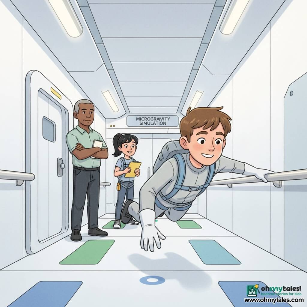 A boy (Mateo, ~16) with short brown hair, lightly tanned skin and curious eyes smiles proudly and focused while wearing a light gray training harness and white gloves, floating horizontally with one hand on a metal rail and the other reaching toward a blue floor marker; a girl (Juno, ~15) with black hair in a ponytail holds a yellow clipboard and watches Mateo admiringly from near a green marker a few meters away; an adult coach (Dima, ~45) with dark skin, short graying hair and a serious but kind face stands by an airlock door with arms crossed and a small notebook, observing and guiding; the setting is a long futuristic training corridor with smooth white walls, shiny metal bars, ceiling rails and soft LED lights, a floor marked with green and blue indicators and a "MICROGRAVITY SIMULATION" sign; main situation: a teenage astronaut learning to move in microgravity, calmly floating between markers in a focused, respectful, safety-conscious team training atmosphere.