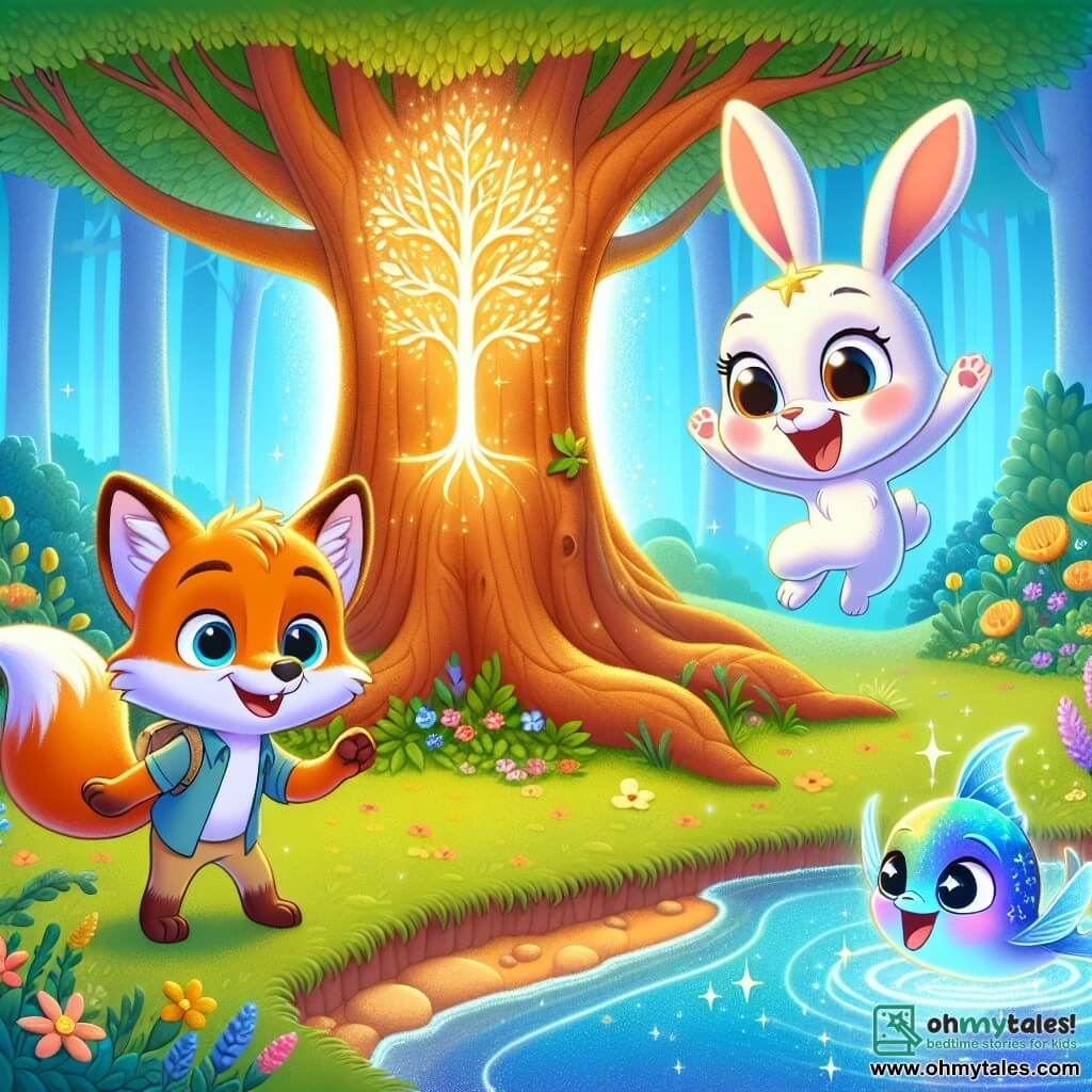 A small orange fox named Finn, with shiny fur and a curious look, stands in front of a large ancient tree glowing with a soft light. He has an expression of wonder and determination, ready to uncover the hidden treasure. Next to him, a lovely little white bunny with sparkling eyes and a grateful demeanor is joyfully hopping, expressing her gratitude after being rescued. In the nearby sparkling water, a magical fish named Luna, with iridescent scales and a friendly smile, swims in circles around them. The setting is an enchanted forest filled with colorful flowers dancing in the breeze and a shimmering stream reflecting the blue sky. The main scene shows Finn, the fox, addressing the glowing tree, ready to discover the treasure of kindness and courage, while his friends encourage him with radiant smiles.