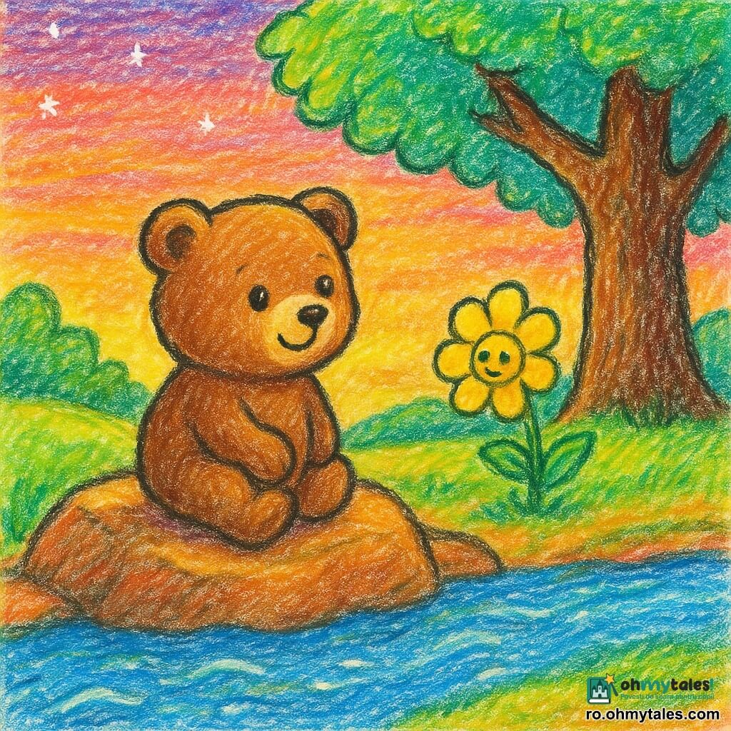 Un ursuleț de pluș realist, blăniță brună, stă pe o stâncă caldă, zâmbind blând și privindu-se contemplativ spre orizont. Un pârâu limpede șerpuiește lângă stâncă, cu reflexe albastre și mici valuri; pare să cânte. În plan secund, un stejar bătrân cu scoarță aspră și ramuri dese îi oferă un aer protector. O floare galbenă cu petale rotunde, înclinată spre ursuleț. Cerul de apus în nuanțe portocalii, roz și violet, cu primele stele; lumină caldă. Imaginea transmite liniște, curiozitate și blândețe, cu linii simple, contururi groase și culori saturate, stil desen de copil.