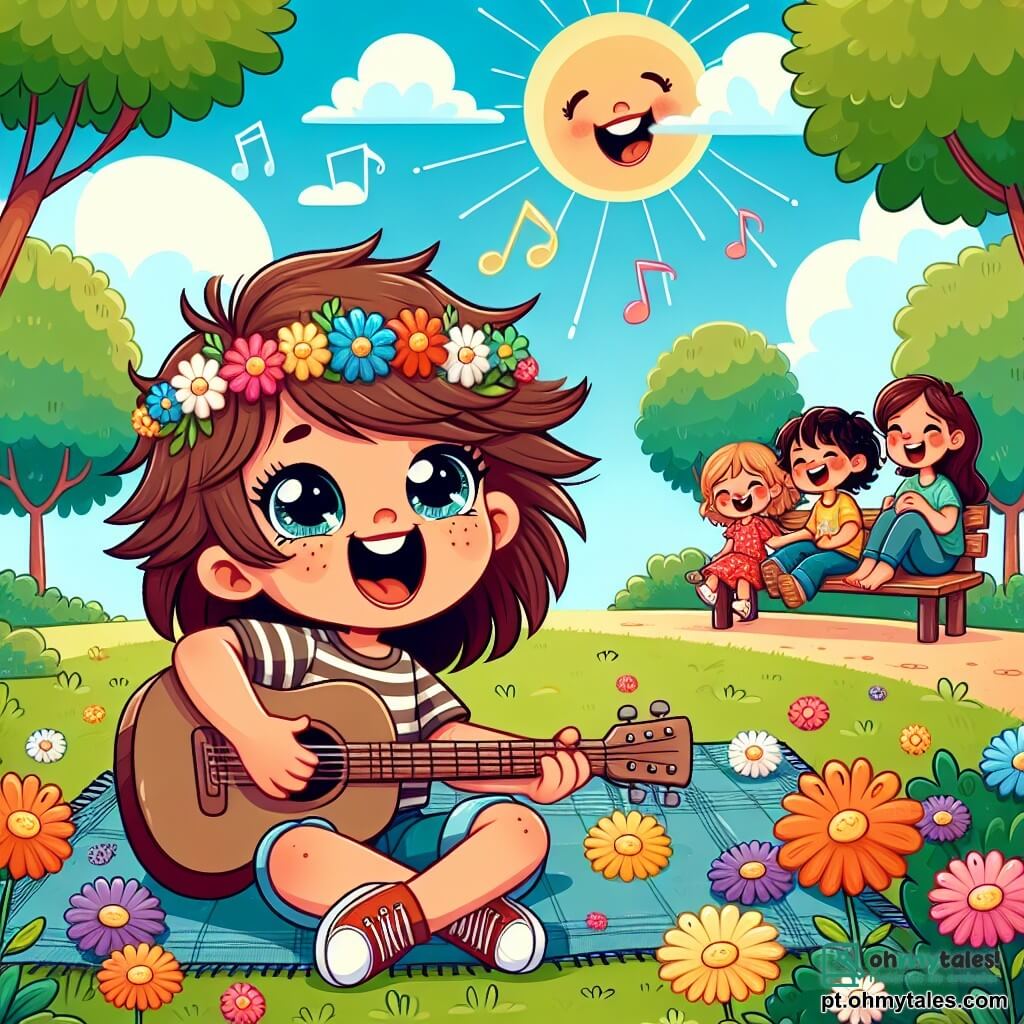 Uma jovem chamada Lia, com longos cabelos castanhos e olhos brilhantes de alegria, está sentada em uma toalha colorida em um parque ensolarado. Ela toca violão com um grande sorriso no rosto, cercada por flores multicoloridas que dançam ao vento. Ao lado dela, um menino de 8 anos, Tomás, com cabelos castanhos bagunçados e uma camiseta listrada, canta com entusiasmo, os braços levantados para o céu, cheio de energia e felicidade. O parque está repleto de árvores verdes, risadas de crianças brincando ao longe e famílias sentadas em bancos, aproveitando o lindo dia. Ao fundo, um céu azul vibrante está salpicado de algumas nuvens brancas fofas. Nesta cena, Lia e Tomás estão se preparando para uma apresentação em um show de talentos, capturando a atenção dos transeuntes que se aproximam para ouvi-los, criando uma atmosfera alegre e festiva.