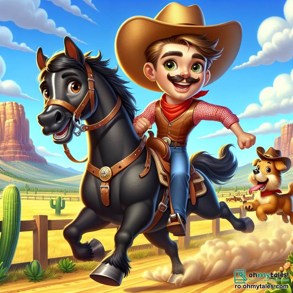 Un cowboy zâmbitor, un tânăr cu o mustață mare și brună și o pălărie largă din paie, se află mândru pe calul său negru, Blaze, într-o postură dinamică. Poartă o cămașă cu carouri roșii și o vestă din piele, iar ochii îi strălucesc de excitație și determinare. Lângă el, un câine mic, Lucky, un cățel drăgălaș cu blană aurie, sare fericit, cu limba atârnând, exprimându-și bucuria și entuziasmul. În fundal, un peisaj de câmpie aurie se întinde la orizont, presărat cu cactuși verzi și munți măreți sub un cer albastru strălucitor, cu câteva nori albi pufoși. Scena are loc în timpul unei competiții de cowboy, unde spectatori entuziaști, bărbați și femei de toate vârstele, aplaudă și încurajează participanții. Cowboy-ul se îndreaptă cu viteză pe pista de curse, pregătit să-și demonstreze abilitățile de călăreț și să câștige titlul de cel mai bun cowboy, în timp ce soarele strălucește intens, iluminând scena cu o lumină caldă și aurie.