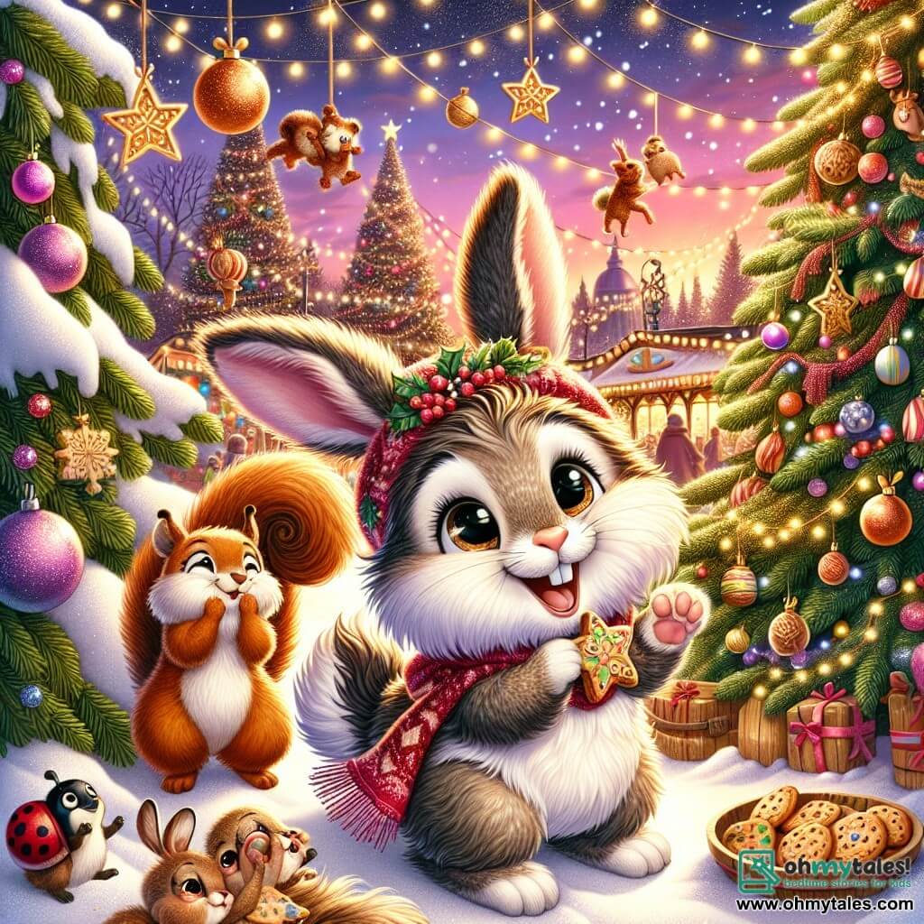 Benny the Bunny, a fluffy little rabbit with big floppy ears and soft fur, is joyfully hopping around a huge Christmas tree decorated with sparkling garlands and colorful baubles. His face radiates happiness, with bright eyes and a beaming smile. Next to him, Sammy the Squirrel, a small squirrel with reddish fur and sparkling eyes, holds a plate of star-shaped cookies, showing an enthusiastic and friendly expression. Lila the Ladybug, with her red wings dotted with black, smiles while singing Christmas carols near the tree, adding a touch of magic to the scene. The setting is a lively Christmas market filled with colorful stalls, twinkling lights, and gently falling snowflakes, creating a festive and warm atmosphere. Forest animals gather around the fire, singing and laughing together as the sky turns pink and gold at sunset. The main scene shows Benny, Sammy, and Lila celebrating together, surrounded by their friends, sharing laughter and delicious cookies while enjoying the spirit of Christmas that unites them.