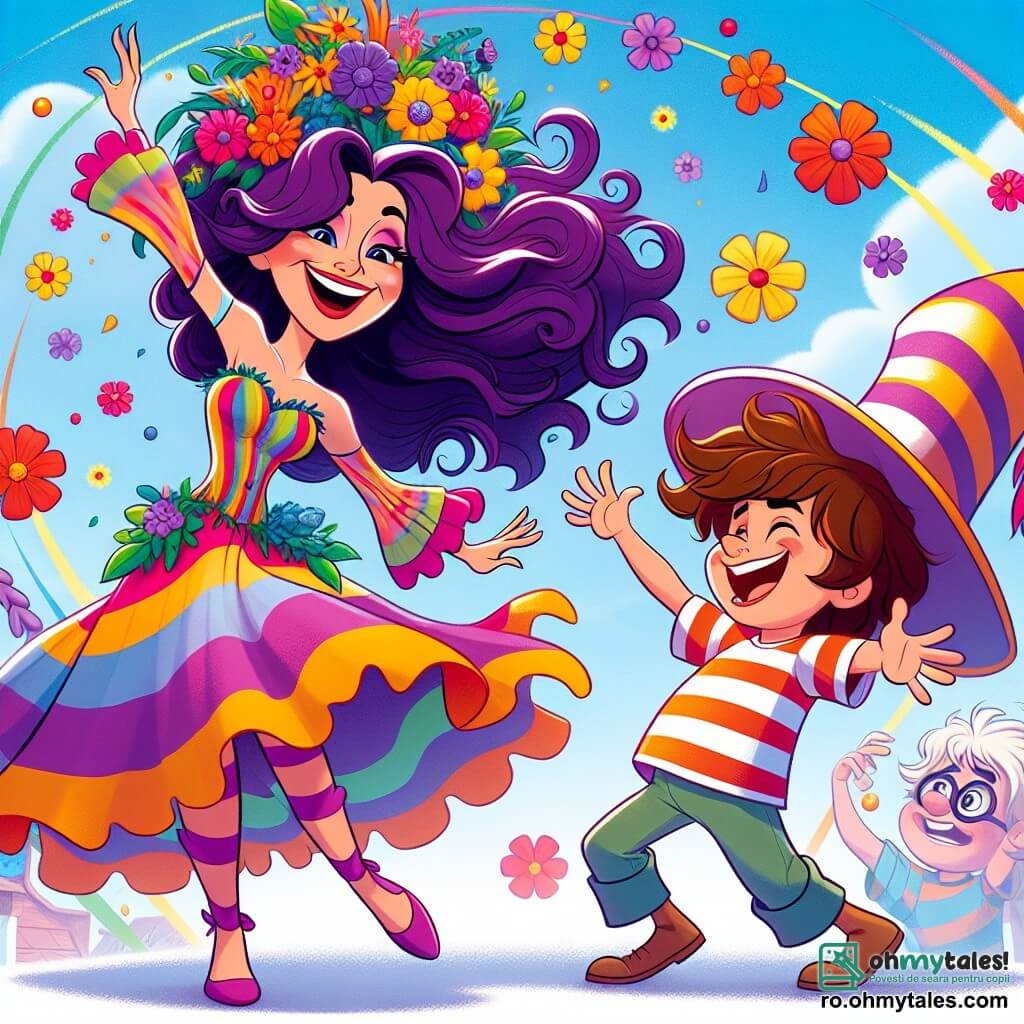 Violeta, o supereroină veselă, este o femeie cu părul lung și ondulat, vopsit în violet, purtând un costum colorat împodobit cu flori strălucitoare. Ea dansează cu un zâmbet mare pe față, cu brațele ridicate spre cer, înconjurată de flori care par să se miște în ritmul bucuriei ei. Lângă ea, un băiat de aproximativ 10 ani, pe nume Tom, are părul castaniu și poartă un tricou cu dungi. El râde cu gura până la urechi, ținând o minge colorată, încercând să îi urmeze mișcările Violetei. Mai departe, un bărbat de vârstă mijlocie, Vilain le Zäpäcit, cu o pălărie de magician prea mare și un costum nepotrivit, se zbate încercând să danseze, având o expresie perplexă și amuzată. Scena se desfășoară într-un parc însorit, plin de flori multicolore care dansează în vânt, sub un cer albastru presărat cu nori pufoși. Copiii joacă în jur, râzând și aplaudând, creând o atmosferă festivă și veselă. Violeta, cu energia ei contagioasă, îi atrage pe toți într-o dans vesel, transformând o zi obișnuită într-un moment magic de râsete și camaraderie.