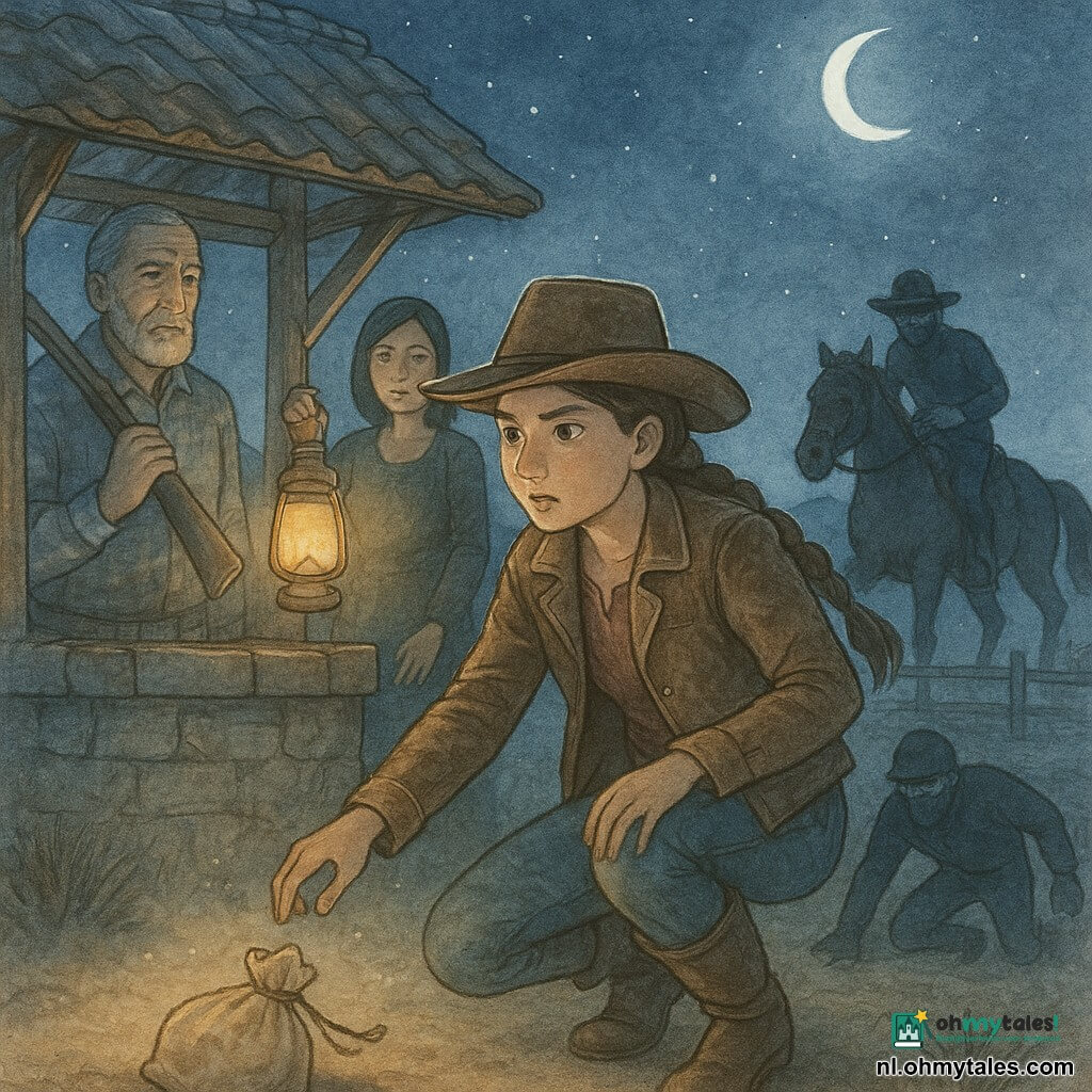 Hoofdpersonage: een jonge cowgirl met bruin haar in een lange vlecht, bruine vilten hoed en versleten leren jas, gehurkt bij een kleine bel aan een gespannen draad, één hand op haar heup, de andere klaar om een in het stof gevallen zak te grijpen; secundair 1: Hank, ongeveer 60, gebruind gerimpeld gezicht, korte grijze baard, geruite blouse, staat achter haar met een geweer op de schouder, rustig beschermende blik links van haar; secundair 2: Rosa, ongeveer 30, getinte huid, kort haar, donkere kleding, houdt een brandende lantaarn die de gezichten verlicht achter de cowgirl; twee silhouetten van gemaskerde indringers: één ligt languit bij een linnen zak, de ander rijdt achteruit met ingevallen hoed en deels in schaduw; locatie: rustieke houten put onder een klein pannendak, stoffige aarde, droge grassprieten, houten schutting en lage prairie op de achtergrond, sterrennacht met een smalle maan die koel blauw licht geeft; situatie: nachtelijke vangst—de cowgirl activeerde een bel aan een draad, een dief viel in het stof bij de put, de lantaarn werpt een warm halo tegen het koude maanlicht, rustige spanningssfeer, zachte aquareltinten, gebarsten houttextuur, opstuivend stof en lichte witte accenten langs gezichten en bel.