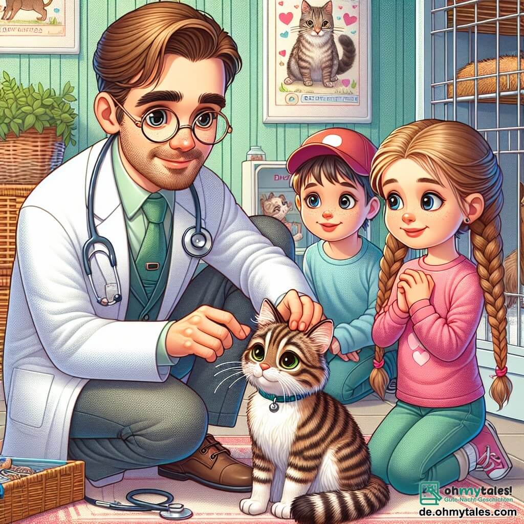 Ein männlicher Tierarzt, Dr. Felix, steht im Mittelpunkt des Bildes, lächelnd mit einem warmen und freundlichen Ausdruck. Er hat braune Haare, runde Brille und trägt einen weißen Kittel mit einem Stethoskop um den Hals. Er hockt neben einer kleinen getigerten Katze und streichelt sie sanft, um sie zu beruhigen. Neben ihm steht ein etwa 8-jähriges Mädchen, Sophie, mit langen, geflochtenen blonden Haaren und einem rosa T-Shirt. Sie schaut den Tierarzt bewundernd an und hält ein Spielzeug in Form einer Maus, um die Katze abzulenken. Ein etwa 7-jähriger Junge mit einer roten Mütze steht etwas im Hintergrund, mit weit aufgerissenen Augen voller Staunen, und beobachtet die Szene neugierig. Die Szene spielt in einem hellen und bunten Tierpflegezentrum mit pastellgrünen Wänden, Bildungspostern über Tiere und einladenden Käfigen für Tiere, die auf Adoption warten. Die Hauptsituation zeigt Dr. Felix, der eine kleine Katze befreit, die in einem Karton feststeckte, während Sophie und der Junge fasziniert von seiner Ruhe und Expertise zuschauen.