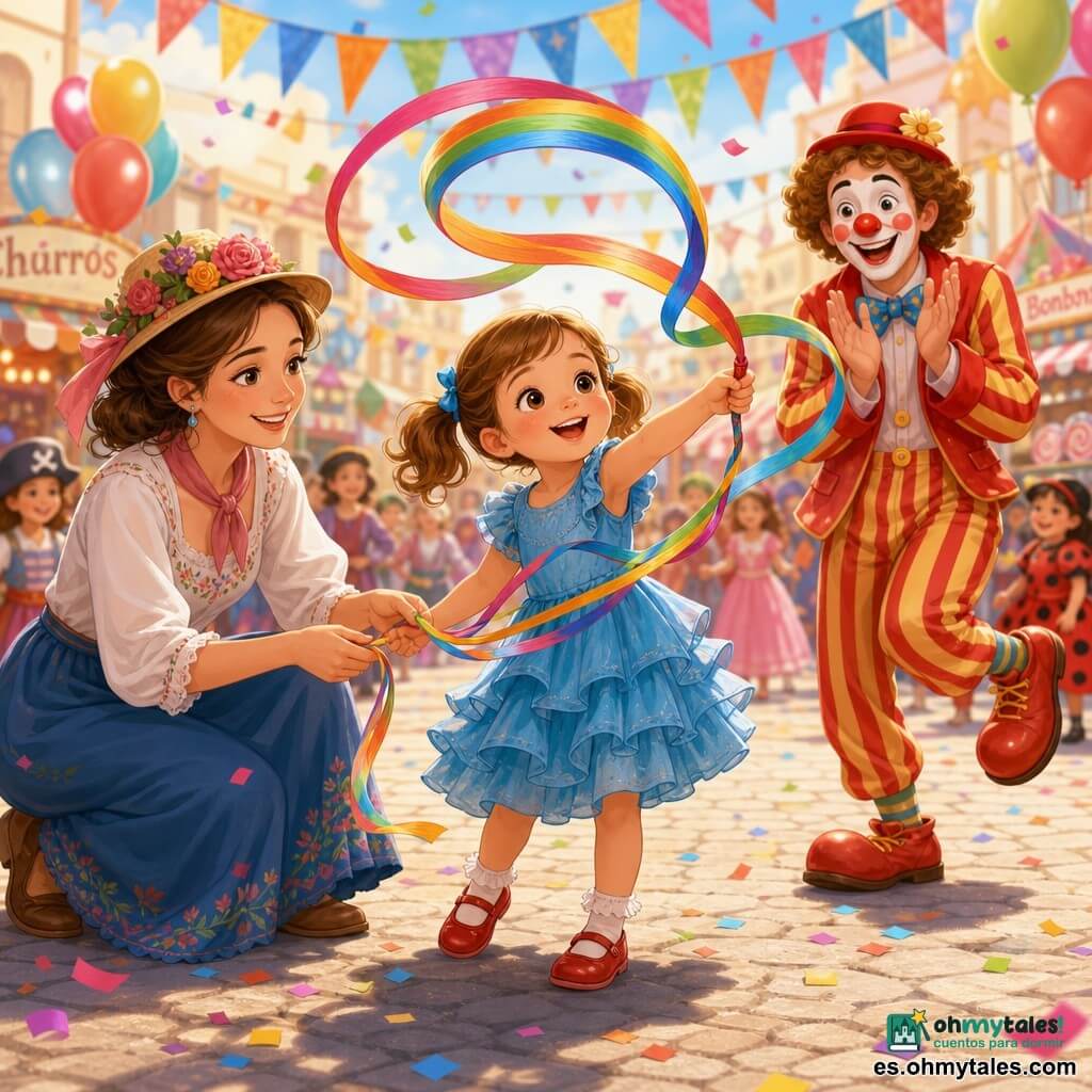 Niña de 4 años feliz y asombrada, ojos brillantes y sonrisa amplia, cabello castaño claro en coletas, vestido azul con volantes y zapatos rojos, sostiene un largo lazo multicolor que gira formando cintas arcoíris; a la izquierda, una mujer adulta sonriente, cabello castaño recogido y sombrero de flores, agachada ayudando a desenredarlo; detrás, un hombre disfrazado de payaso con nariz roja y traje a rayas rojo y amarillo aplaude y da un paso de baile; escena en una plaza de carnaval de día con pavimento claro, guirnaldas, banderolas, globos y confeti, puestos de dulces difuminados al fondo, otros niños disfrazados borrosos, luz cálida y sombras suaves, composición centrada en la niña y el lazo en movimiento.