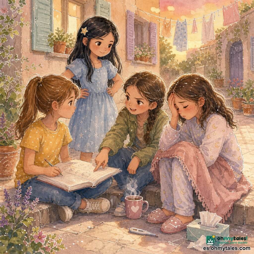 Hay cuatro niñas de 9 años: Clara, castaña clara con coletas, camiseta amarilla con motitas blancas, sentada al borde de la acera a la izquierda con un cuaderno grande abierto en las piernas mirando a las demás; Luna, pelo negro liso con una goma de estrella, vestido azul cielo, de pie ligeramente detrás de Clara con las manos en las caderas; Marta, pelo castaño en trenza, chaqueta caqui, sentada a la derecha de Clara, señalando una página del cuaderno con cejas fruncidas pero ojos risueños; Sofía, pelo castaño ondulado, pijama ligero con lunas, sentada al lado opuesto con la mano en la frente, algo pálida y cansada mientras las otras se inclinan hacia ella. Lugar: patio de edificio al final de la tarde con suelo de losas claras, tendedero y ventanas con contraventanas pastel, macetas en los alféizares y luz cálida de atardecer. Situación: las cuatro forman un pequeño círculo alrededor del cuaderno preparando una "misión de cuidado" para Sofía; gestos de apoyo, una taza humeante, una manta ligera sobre las piernas de Sofía, termómetro y pañuelos visibles. Estilo visual: colores lavados, contornos delicados en blanco, atmósfera tranquilizadora.