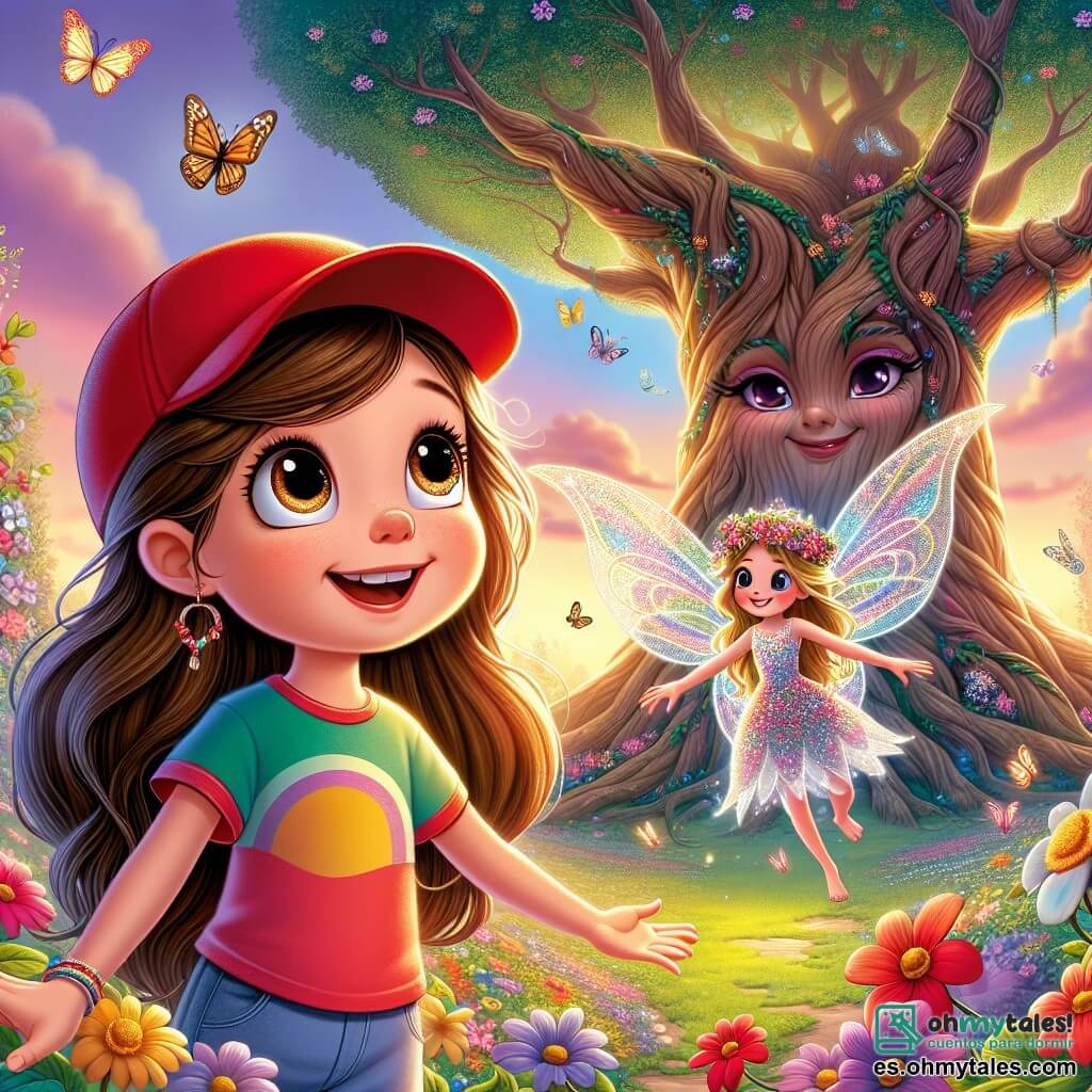 En el centro de la imagen, una niña de 8 años, Laura, con largos cabellos castaños y ojos brillantes de curiosidad, lleva una gorra roja y una camiseta colorida. Sonríe con asombro, con los brazos abiertos, frente a un viejo árbol gigante cuyas ramas se extienden como brazos acogedores. A su lado, Luminia, un pequeña hada con alas brillantes y cabello dorado, flota alegremente en el aire. Lleva un vestido hecho de pétalos de flores y ilumina la escena con su suave luz. El escenario es un jardín encantado, lleno de flores multicolores, mariposas danzantes y un cielo de tonos pastel, donde nubes con forma de criaturas fantásticas se dibujan. La situación principal muestra a Laura y Luminia unidas, listas para enfrentar una sombra amenazante que se acerca, creando una atmósfera mágica y llena de suspense.