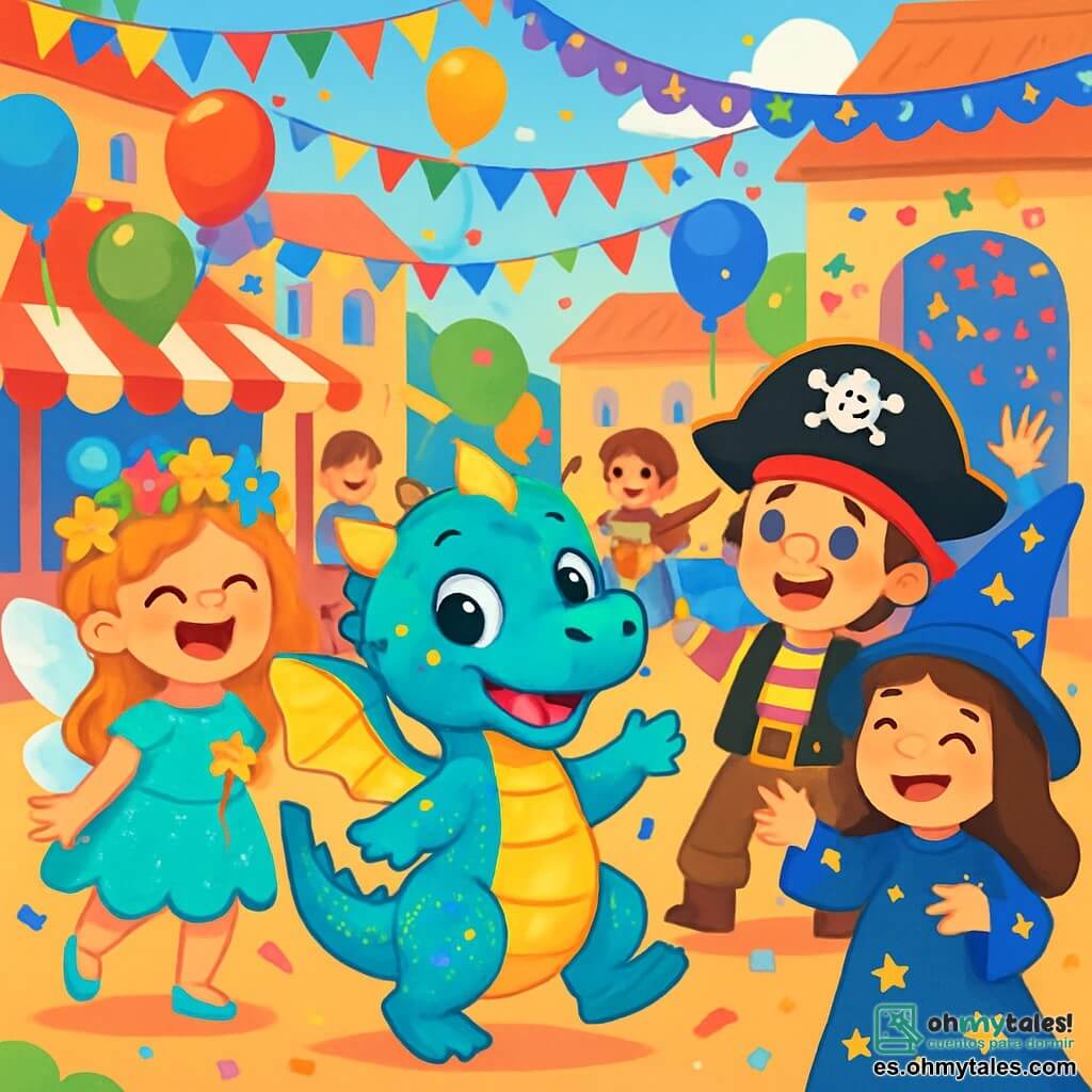 Un pequeño dragón llamado Draki, con escamas brillantes de colores vivos como azul, verde y oro, sonríe con asombro. Está bailando alegremente en una plaza animada, rodeado de decoraciones coloridas. A su lado, Lucía, una niña con un disfraz de hada brillante, lleva alas resplandecientes y una gran corona de flores. Ríe con alegría mientras sostiene una varita mágica. Un poco más lejos, Pedro, disfrazado de pirata con un sombrero negro y un pañuelo rojo, hace gestos divertidos, mientras que Ana, de maga con un vestido estrellado, lanza confeti al aire, compartiendo una mirada cómplice. El lugar es una plaza central del pueblo, llena de globos multicolores, guirnaldas brillantes y puestos de golosinas. Músicos tocan melodías animadas, y los niños ríen y bailan a su alrededor. La escena principal muestra a Draki y sus amigos en plena búsqueda del tesoro del carnaval, rodeados de risas y música, en un ambiente festivo y mágico.