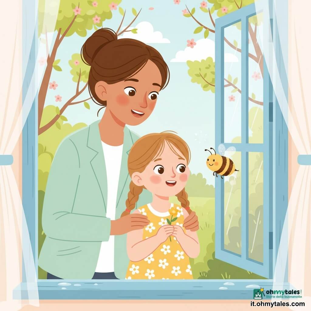 Una bambina di 6 anni, gioiosa e curiosa, capelli castano chiaro in codini, occhi grandi e tondi, vestitino a fiori gialli, tiene un piccolo bocciolo giallo e sorride guardando fuori dalla finestra; dietro di lei la madre (30–35 anni), dolce e premurosa, capelli castani raccolti in chignon, giacca pastello leggera, mano sulla spalla destra e sguardo tenero; una piccola ape gialla e nera vola vicino alla finestra all'altezza del viso, ali traslucide scintillanti; stanza luminosa che si affaccia su un giardino primaverile, tende bianche ondeggianti, finestra di legno azzurro chiaro con gocce di pioggia sul davanzale e alberi con giovani foglie verdi e fiori rosa; la bambina apre la finestra per far entrare l'aria di primavera: scena di scambio dolce tra lei, la madre e l'ape, atmosfera luminosa, colori pastello, forme semplici e linee nette.