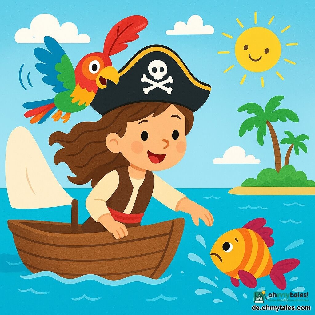 Eine junge Piratin, Kapitänin Mia, steht stolz auf dem Deck ihres kleinen Holzbootes, mit braunen, welligen Haaren, die im Wind wehen. Sie trägt einen schwarzen Piratenhut mit einer roten Feder und eine Lederweste. Ihr Gesicht zeigt Entschlossenheit und Freude, während sie lächelt und in den Horizont blickt. Neben ihr fliegt der fröhliche Papagei Paco mit buntem Gefieder in Kreisen über sie, seine Augen funkeln vor Schalk. Das Boot segelt über ein strahlend blaues Meer, das mit kleinen, glitzernden Wellen unter der strahlenden Sonne bedeckt ist. Im Hintergrund zeichnen sich grüne Inseln mit sanft wiegenden Palmen ab. Mia beugt sich über die Bordwand, bereit, einem traurigen bunten Fisch zu helfen, während Wasserfontänen um sie herum spritzen. Die Szene strahlt ein Gefühl von Abenteuer und Kameradschaft aus, voller lebendiger Farben und Freude.