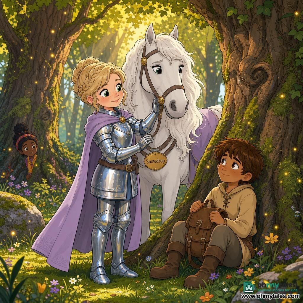 A brave, gentle female knight smiles determinedly in shining silver-blue armor and a flowing lavender cape with her visor raised to reveal a round, freckled face and large green eyes as she strokes the mane of a calm white horse named Snowdrop; a relieved, slightly sheepish ten-year-old squire named Leo with tousled brown hair and a simple beige tunic sits at the base of a large mossy oak, holding a small leather backpack. They stand in the Whispering Woods clearing—ancient trees with thick, mossy trunks, golden sunlight filtering through leaves, twinkling fireflies, mossy stones and a carpet of grass and colorful leaves—centered, tender and reassuring scene with warm colors, soft contrasts, clear lines and rounded shapes suitable for toddlers.