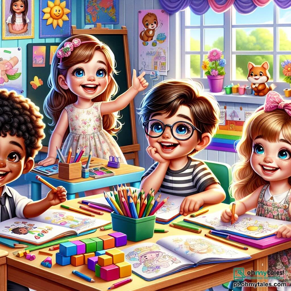 Em uma sala de aula iluminada e colorida, Lucas, um menino de 7 anos com cabelos castanhos e óculos, está sentado a uma mesa de madeira, sorrindo com entusiasmo. À sua direita, Sofia, uma menina de 6 anos com cabelos loiros e um vestido florido, levanta a mão para falar, seu rosto radiante de alegria. À esquerda de Lucas, Miguel, um menino de 7 anos com cabelos negros e óculos de sol na cabeça, está construindo uma torre de blocos coloridos, concentrado e divertido. Por fim, Ana, uma menina de 6 anos com cabelos castanhos e um lindo laço rosa, está sentada no chão, desenhando com lápis de cor, cercada por folhas de papel. A sala de aula é decorada com desenhos de crianças pendurados nas paredes, com janelas que deixam entrar a luz do sol e prateleiras cheias de livros coloridos. No fundo, um quadro negro está coberto de desenhos feitos com giz. A cena principal mostra as crianças se apresentando e compartilhando suas paixões, criando uma atmosfera alegre e amigável, cheia de risadas e empolgação por seu primeiro dia de escola juntos.