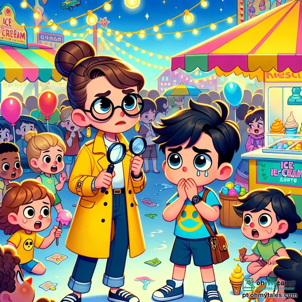 A detetive Maria, uma mulher de cerca de trinta anos com cabelo castanho preso e óculos redondos, exibe uma expressão determinada. Ela usa um trench coat amarelo vivo e segura uma lupa na mão direita, observando atentamente uma pequena cena de festival. Ao seu lado, João, um garoto de 10 anos com cabelo negro bagunçado e uma camiseta azul, a observa com curiosidade, pronto para ajudá-la em sua investigação. Ele segura um caderno de anotações, registrando cada pista que encontram. Ao fundo, o festival é animado, com barracas coloridas de comida, balões flutuantes e crianças brincando em um castelo inflável. Luzes cintilantes decoram a cena, criando uma atmosfera alegre. A situação principal mostra Maria e João interrogando uma garotinha, Lúcia, que chora perto de uma barraca de sorvetes, enquanto um grupo de crianças os rodeia, curioso sobre o que está acontecendo. Eles buscam resolver o mistério do sorvete desaparecido, imersos em risos e cores vibrantes, ilustrando o espírito de aventura e camaradagem.