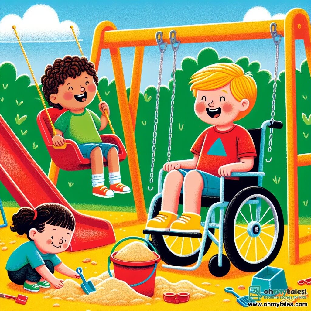 In a corner of the playground, Sam, an 8-year-old boy with curly brown hair, is laughing as he pushes Max on a swing. Max, a 7-year-old boy with blonde hair and a red t-shirt, clings to the swing's chain, his face lit up by a big smile. Lily, a 6-year-old girl with bright yellow shoes and long smooth hair, is sitting in the sand, building a sandcastle with Tom, a 9-year-old boy with round glasses and fair skin, who is in a wheelchair. Tom is joyfully smiling while holding a red bucket filled with sand, as Lily hands him buckets of sand to help build. The playground is filled with bright colors, featuring swings, a red slide, and a large golden sandbox. Green trees surround the area, and the sky is a bright blue with a few white clouds. The scene showcases friendship and tolerance as the children play together, sharing laughter and smiles, illustrating the beauty of inclusion and support.