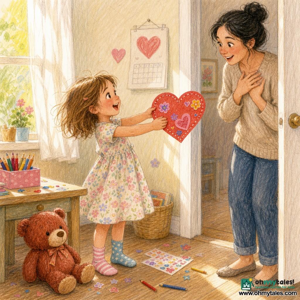A 6-year-old girl, excited and focused with messy light-brown hair, mismatched socks and a pastel floral dress, holds a large red paper heart she’s decorating with a pencil and stickers; a slightly flattened ginger teddy bear sits beside her on the floor; the surprised, smiling mother in her 30s stands in the doorway with hands to her chest, looking amazed; a sunny room with light wood floors, white curtains letting in golden rays, a small table with a box of multicolored crayons and scattered stickers, and a wall calendar with a drawn heart; the girl proudly offers her Mother’s Day craft in a tender, joyful moment with warm expressions, soft colors and visible crayon textures.