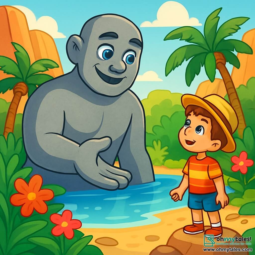 A benevolent giant named Gideon stands in the center of the oasis, with smooth gray skin like stone, deep ocean-like eyes, and a warm smile lighting up his face. He reaches out a massive hand to a young boy, Oliver, about 10 years old, wearing a straw hat and a colorful t-shirt, his eyes wide with wonder and curiosity. Oliver, standing on a small stone, looks at the giant with admiration, his face glowing with excitement. The oasis is a magical place surrounded by majestic cliffs, with lush green palm leaves and brightly colored flowers. The crystal-clear water sparkles under the sun, creating golden reflections on the sandy shore. The main scene shows Gideon and Oliver sharing a moment of discovery as the giant explains the importance of the oasis's magic, surrounded by the natural beauty around them.